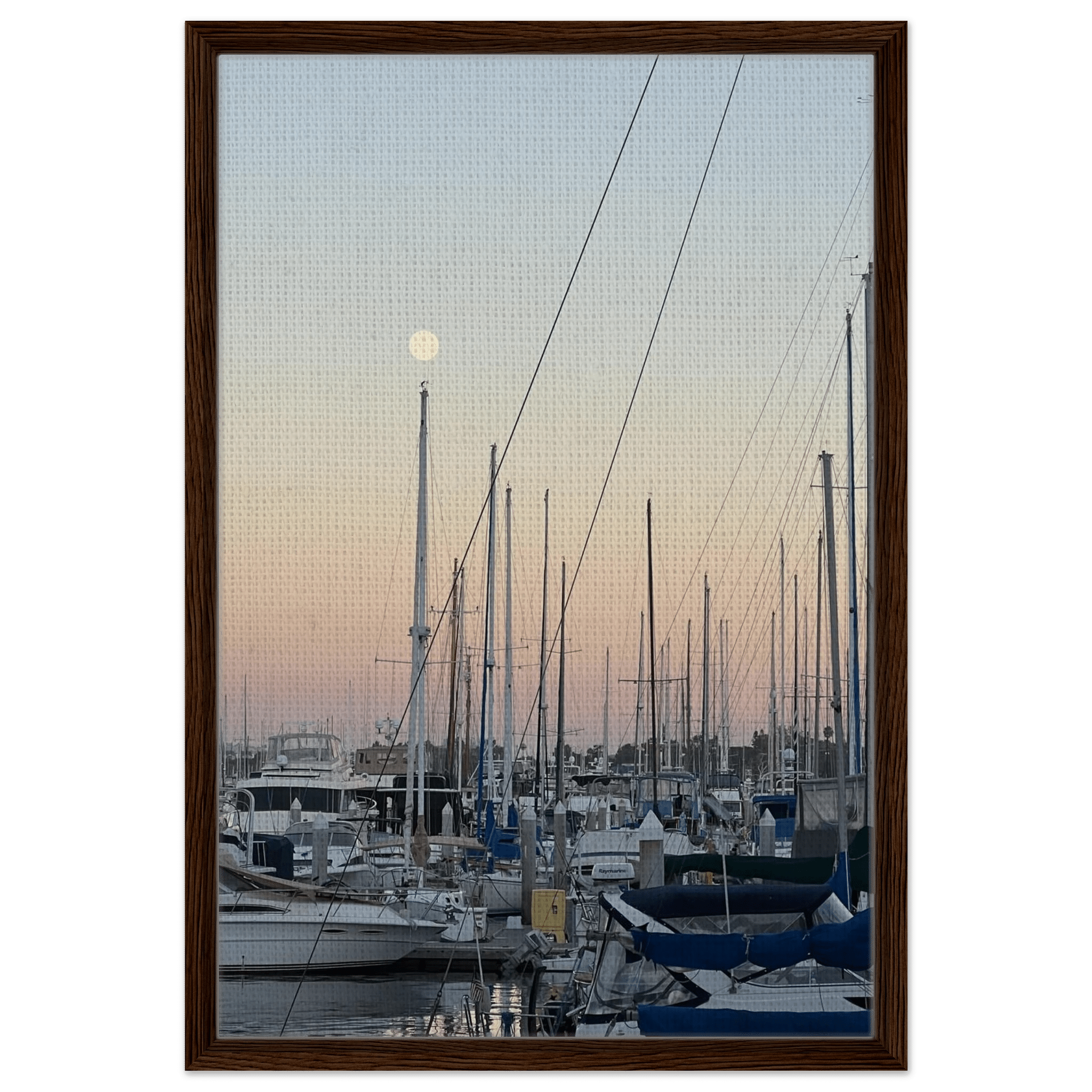 Framed canvas print of a summer evening marina scene in Marina del Rey, California with nautical and chic tones, by California Canvas.