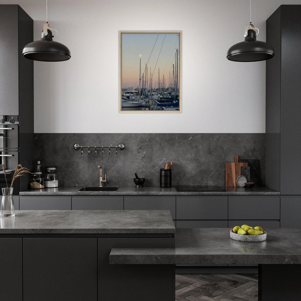 Framed canvas print of a summer evening marina in Marina del Rey, CA with nautical themes and chic tones, California Canvas Studio Edition.