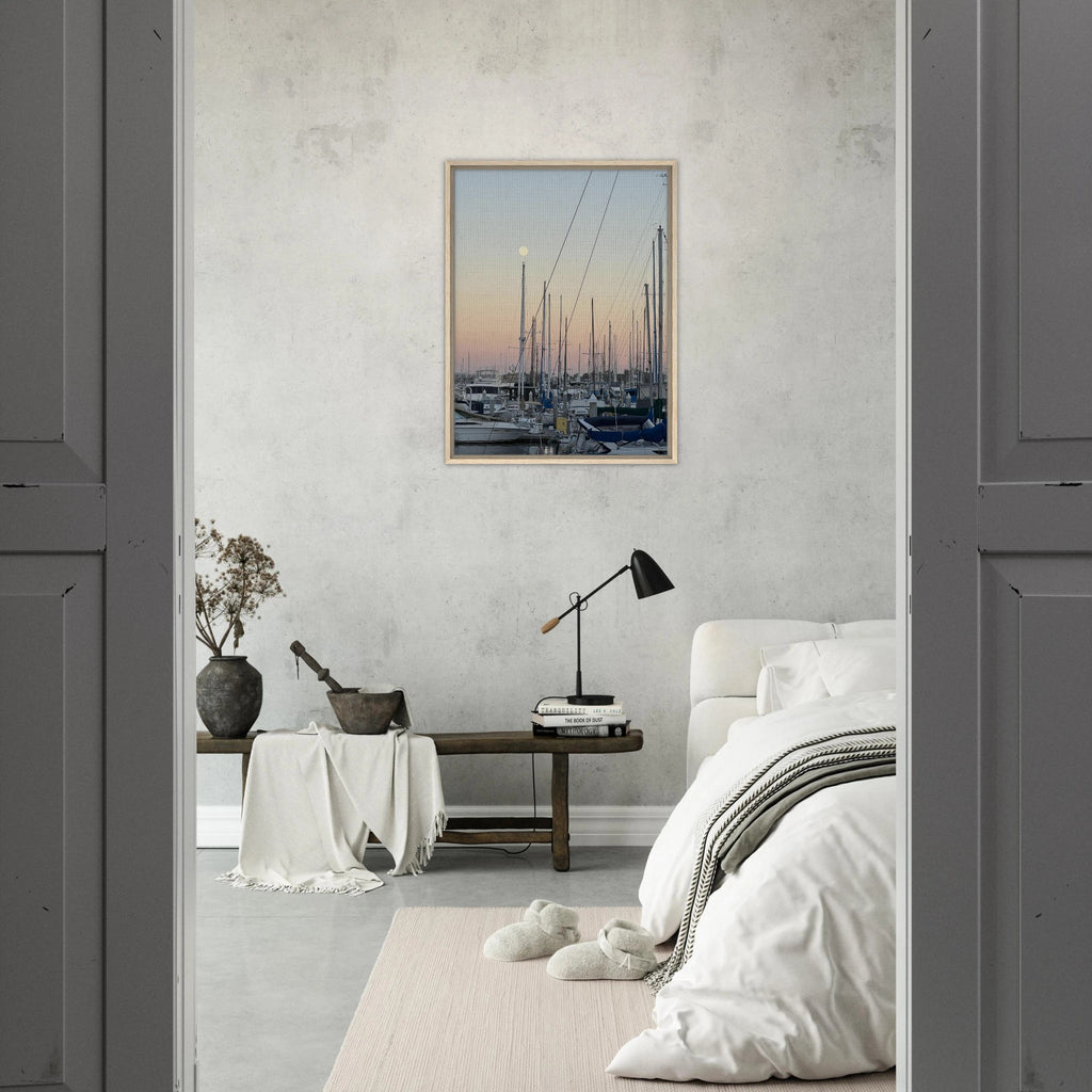 Framed canvas art print of a summer evening marina scene in Marina Del Rey, California with nautical and chic tones.