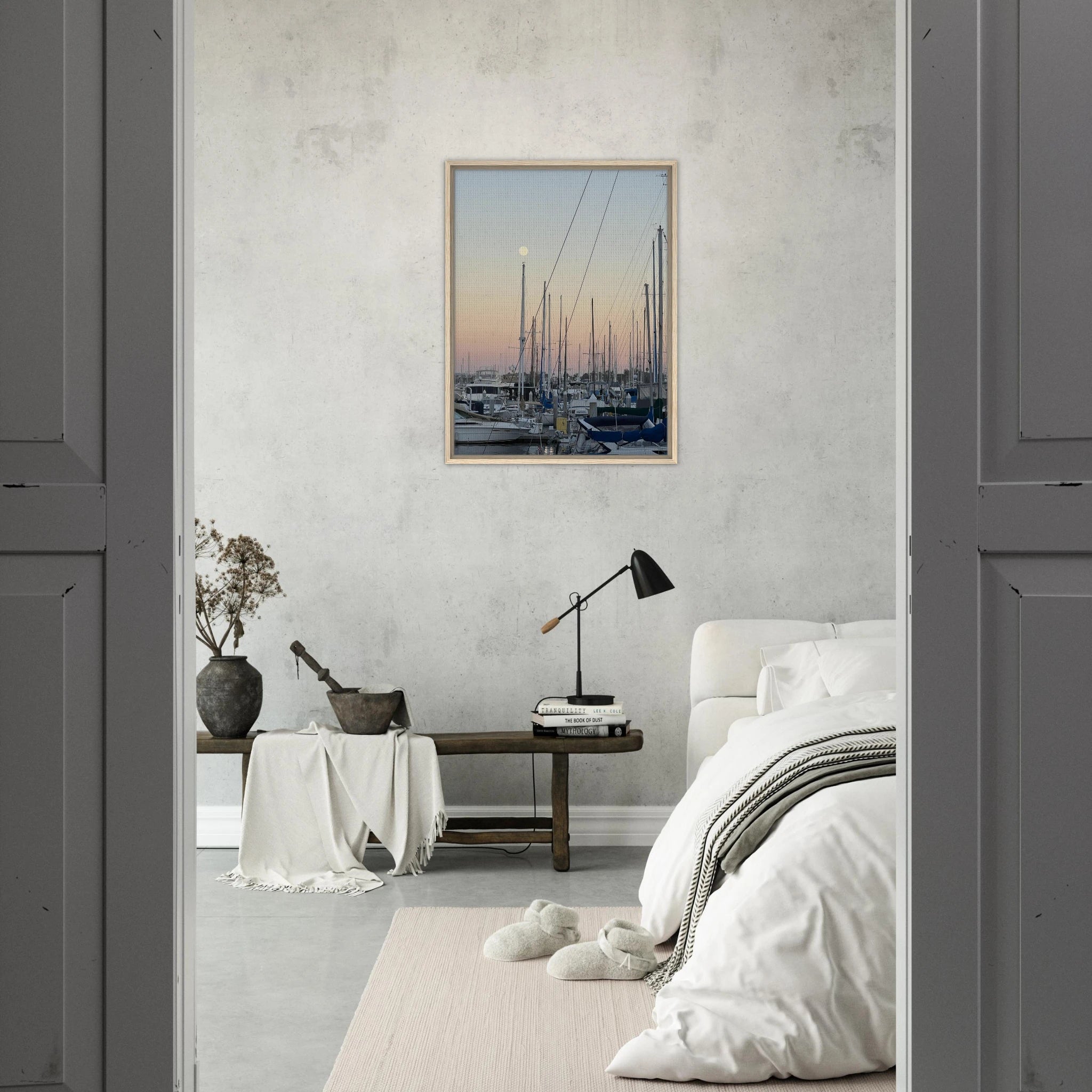 Framed canvas art print of a summer evening marina scene in Marina Del Rey, California with nautical and chic tones.