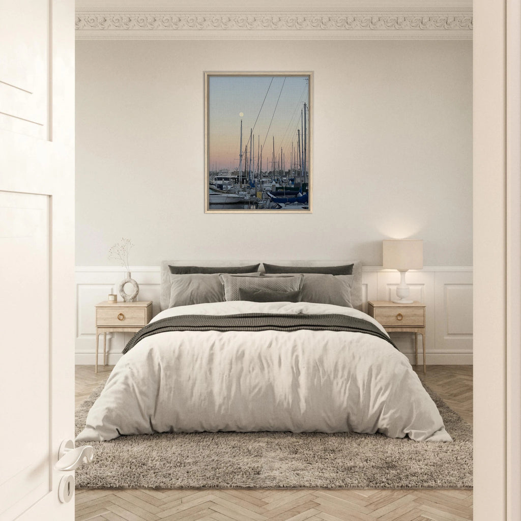 Framed canvas art of a summer evening marina scene in Marina del Rey, California with nautical and chic tones, Studio Edition print.