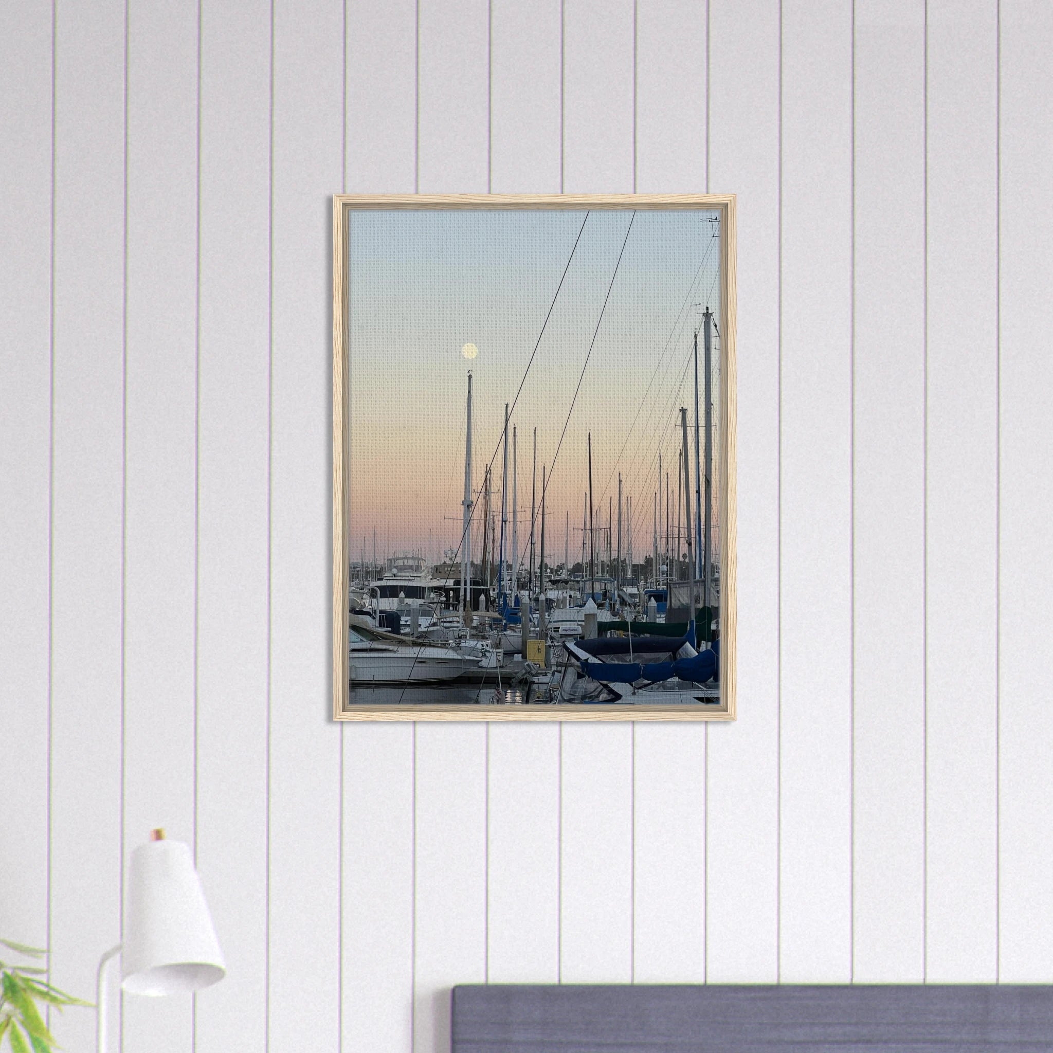 Framed canvas print of a summer evening marina scene in Marina del Rey, California, with nautical and chic tones, studio edition.