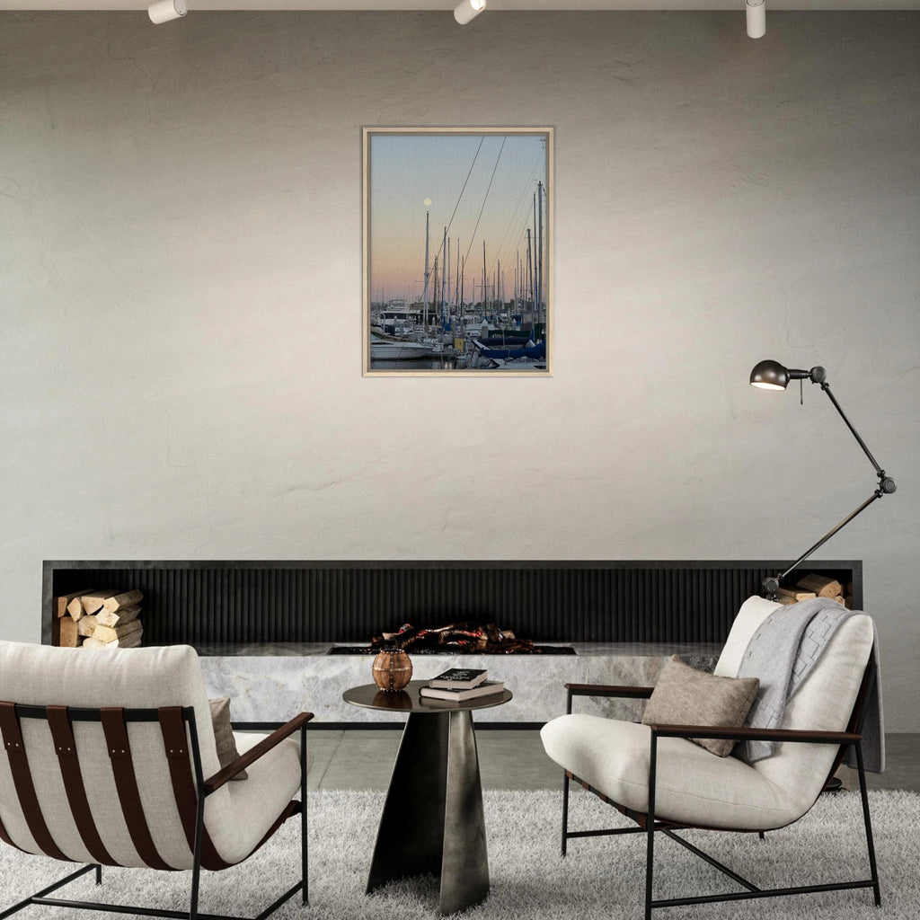 Framed canvas art print of Marina del Rey, CA at summer evening, featuring nautical themes and chic tones, by California Canvas Studio.