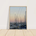 Framed canvas art print of a summer evening marina scene in Marina del Rey, California with nautical and chic tones.