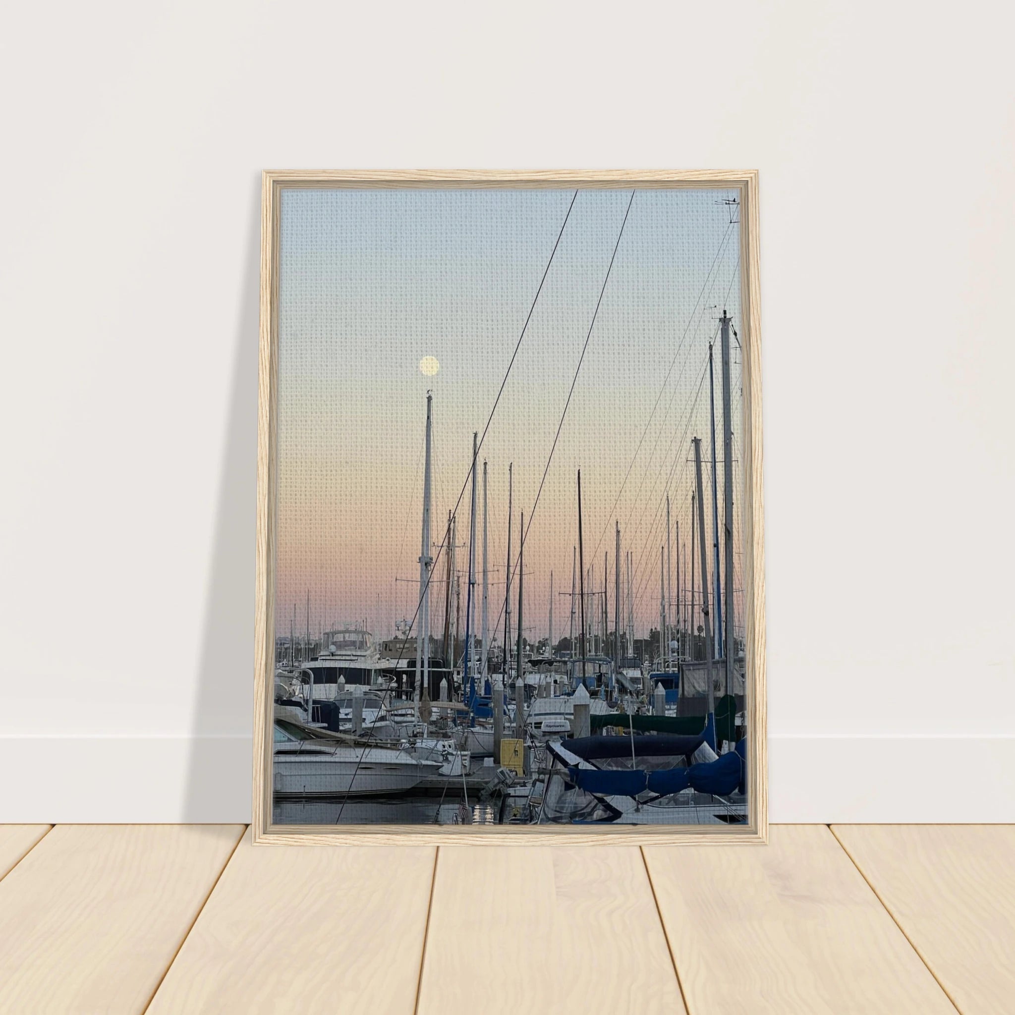 Framed canvas art print of a summer evening marina scene in Marina del Rey, California with nautical and chic tones.