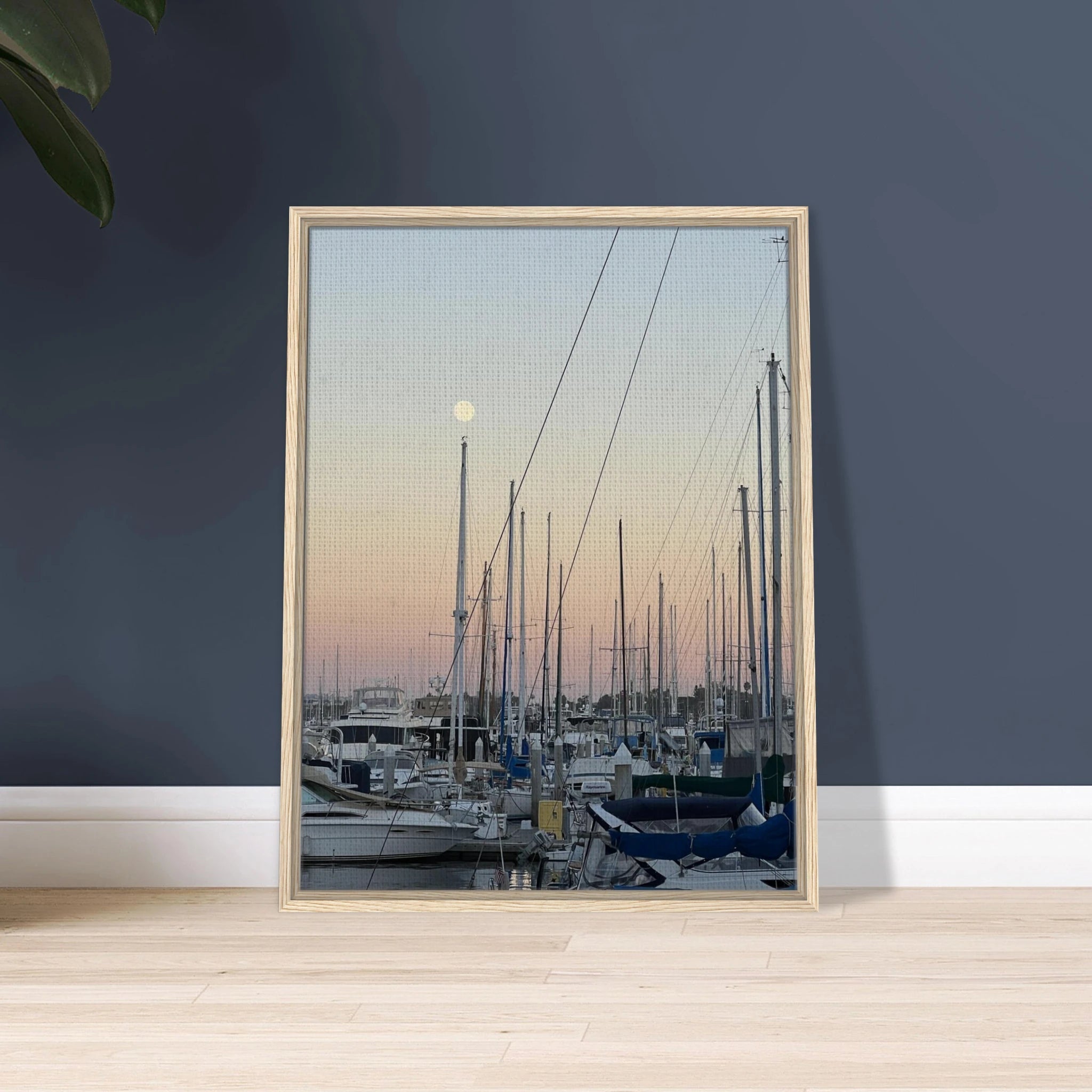 Framed canvas art print of a summer evening marina in Marina del Rey, California, with nautical and chic tones, by California Canvas.