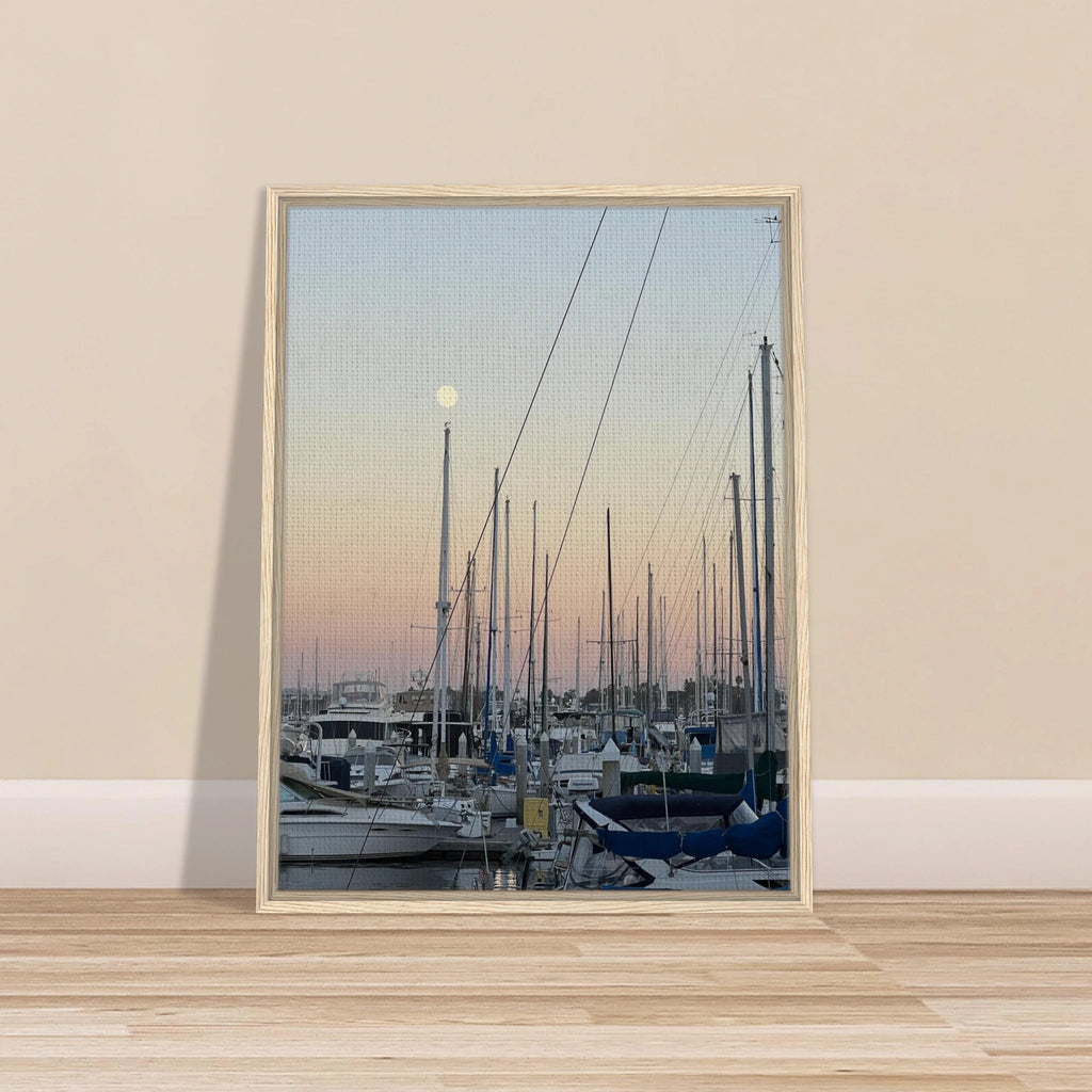Framed canvas art of a summer evening marina scene in Marina Del Rey, CA with nautical and chic tones, 20x30 cm print on wood frame.
