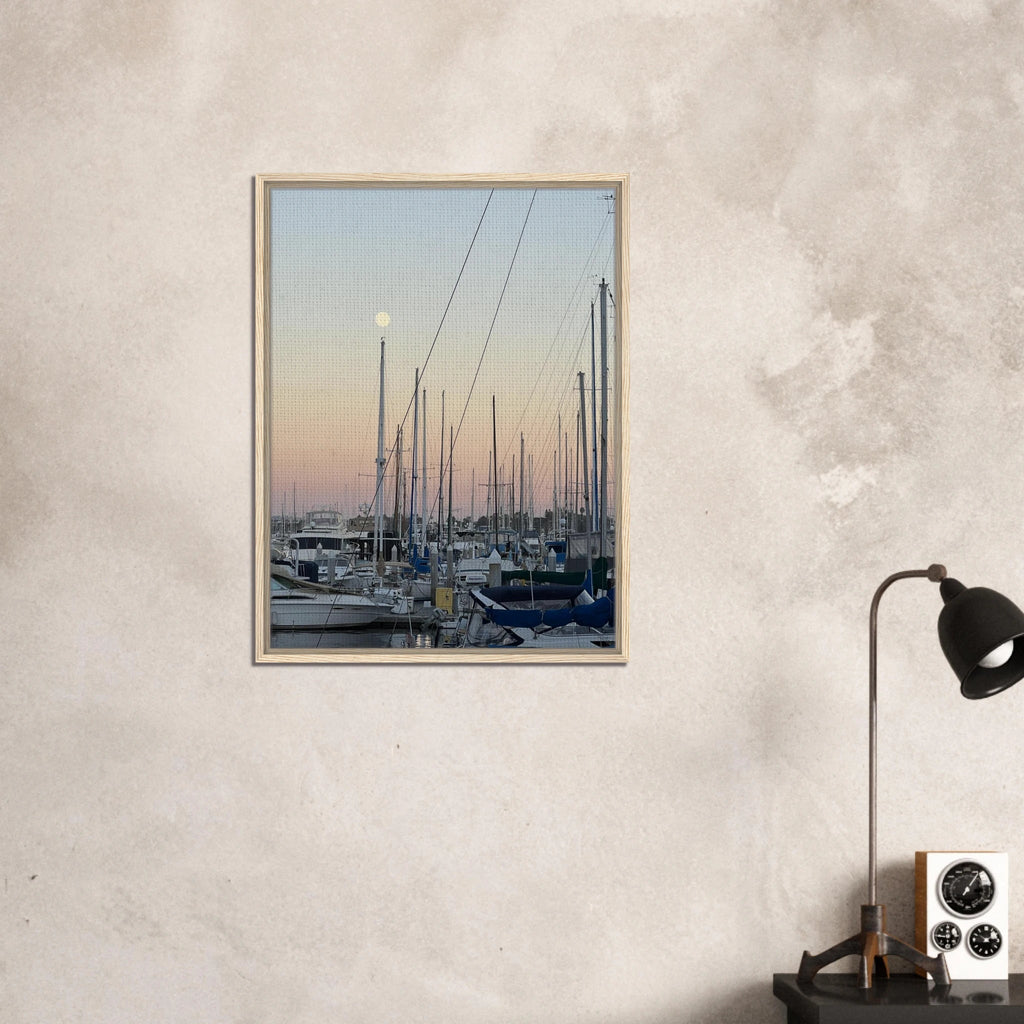 Framed canvas art print of a summer evening marina scene in Marina Del Rey, California with nautical and chic tones.