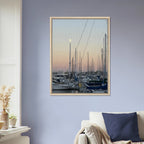 Framed canvas print of a summer evening marina scene in Marina del Rey, CA with nautical themes and chic tones, California Canvas Studio Edition.