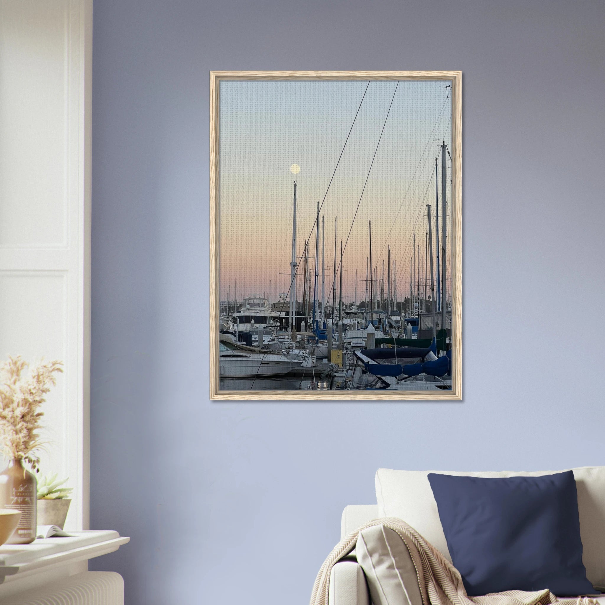 Framed canvas print of a summer evening marina scene in Marina del Rey, CA with nautical themes and chic tones, California Canvas Studio Edition.