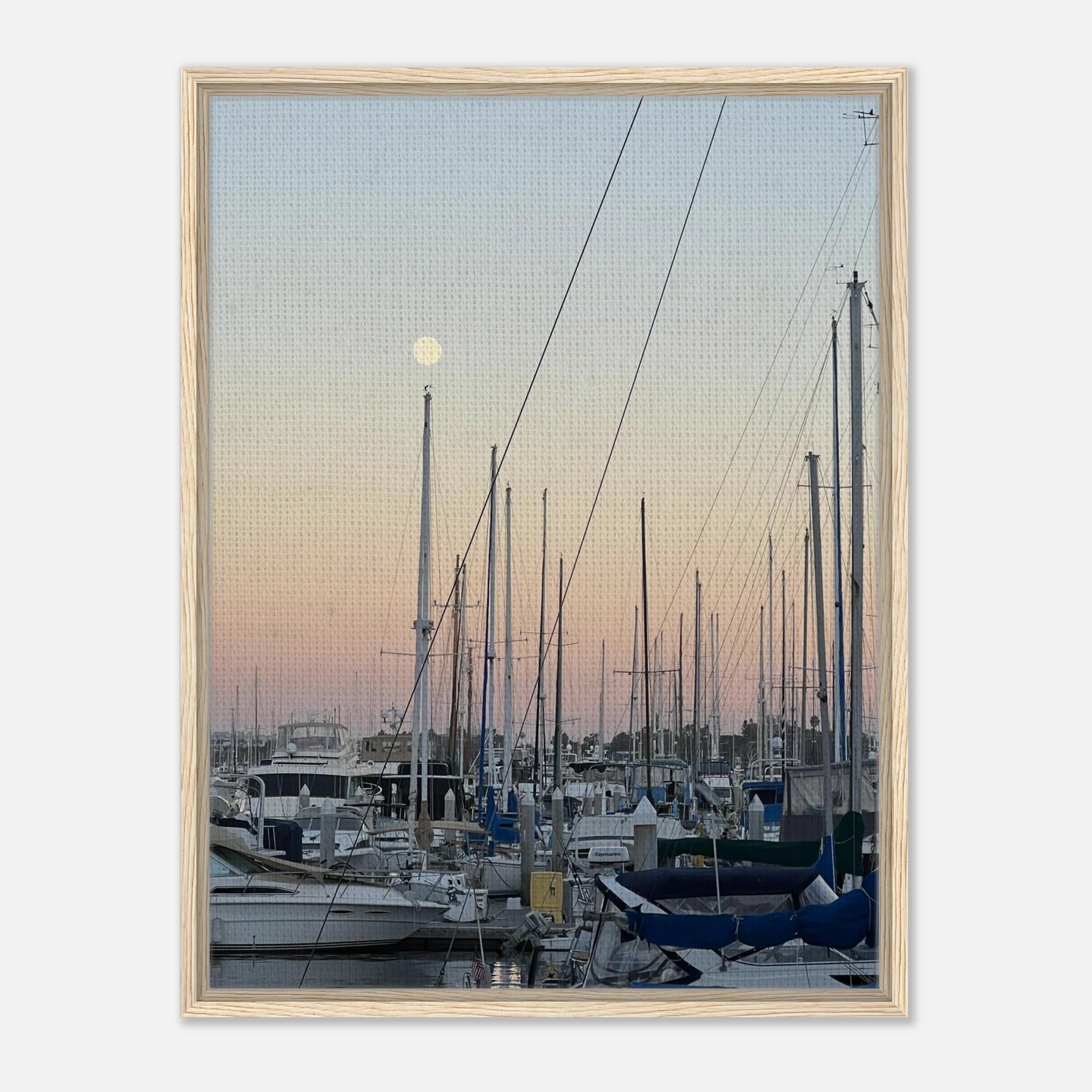 Framed canvas art of Summer Evening Marina Del Rey with nautical themes and chic tones, 20x30cm wood frame, California Canvas Studio Edition.