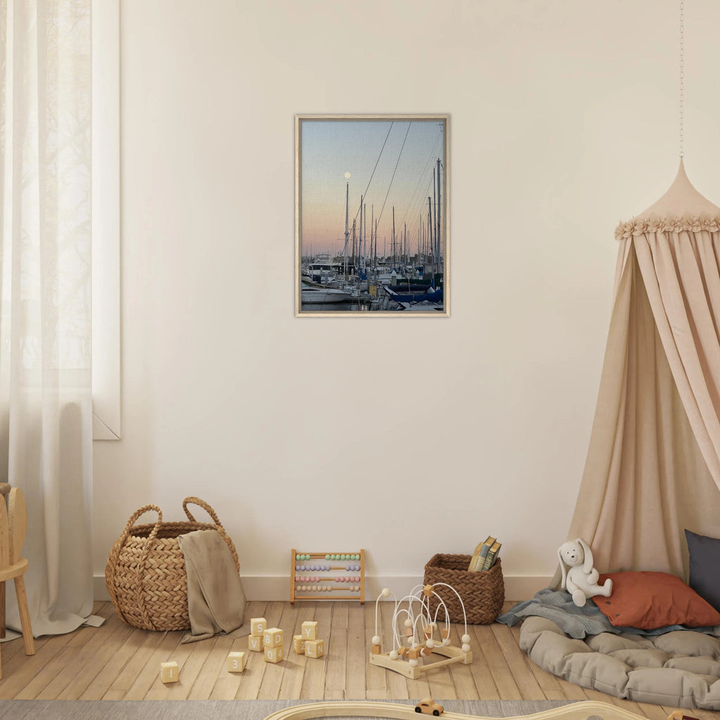 Framed canvas art print of Marina del Rey evening scene with nautical themes and chic tones, in a 20x30 cm wooden frame.