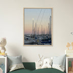 Framed canvas art print of a summer evening marina in Marina del Rey, CA with nautical themes and chic tones, California Canvas Studio Edition.