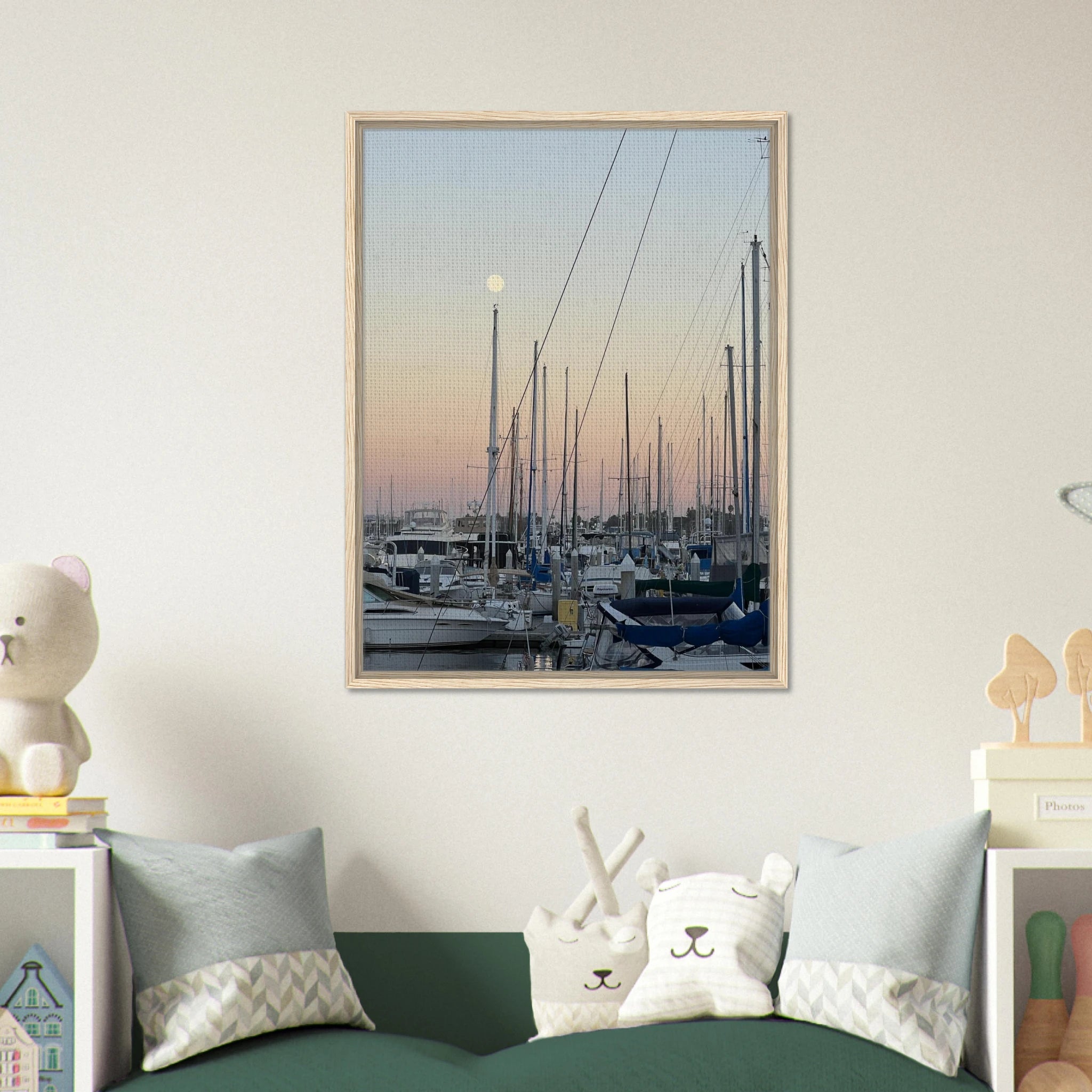Framed canvas art print of a summer evening marina in Marina del Rey, CA with nautical themes and chic tones, California Canvas Studio Edition.