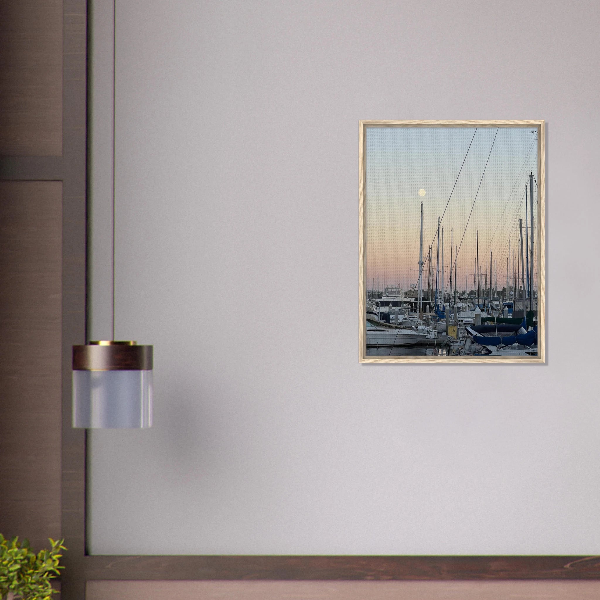 Framed canvas art print of Summer Evening Marina Del Rey, CA with nautical theme and chic tones, in a wood frame.