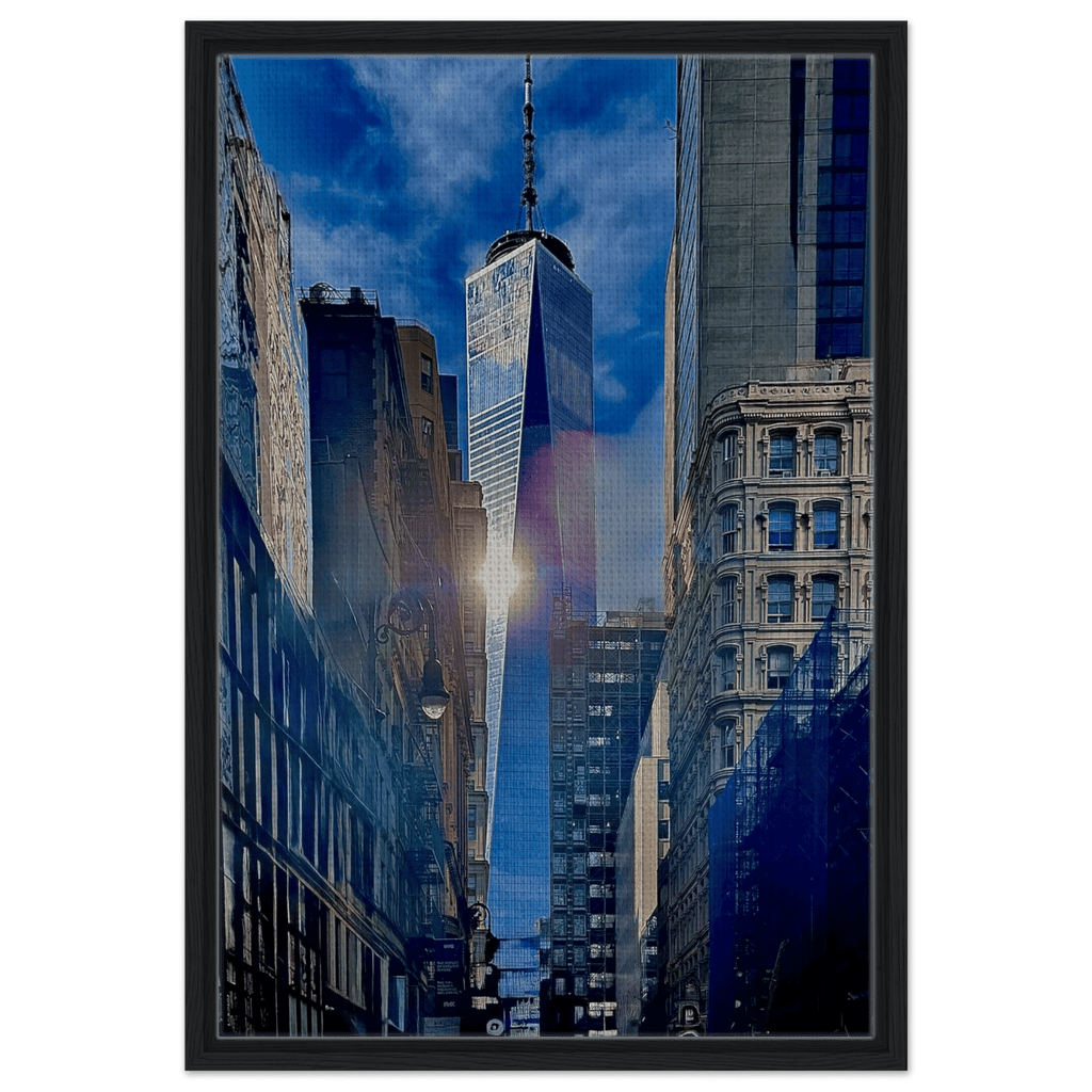 Framed canvas art print of sunlight reflection at One World Trade Center in NYC, part of the Travel Collection by My Store.