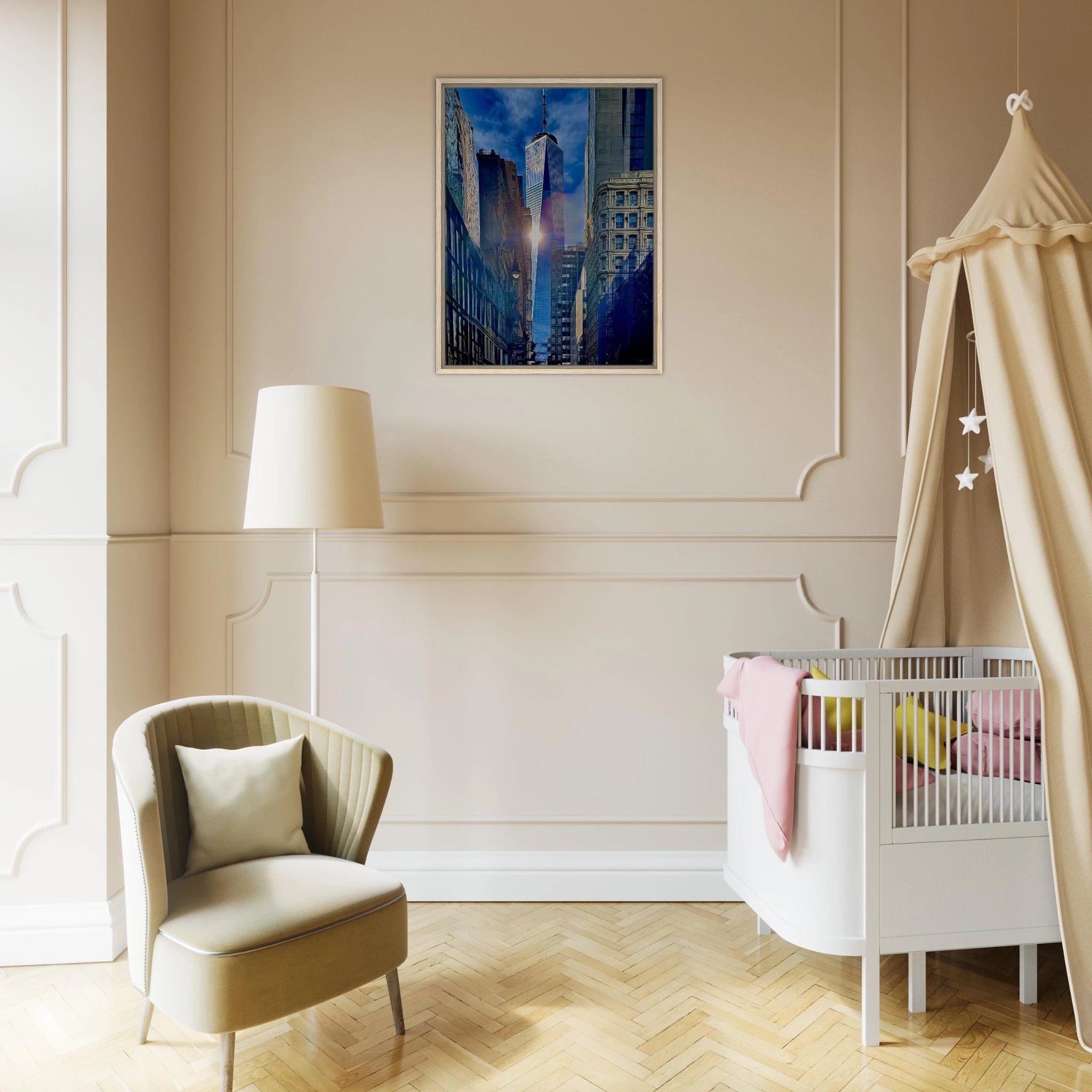 Framed canvas art print of NYC One World Trade reflection, part of Travel Collection Studio Edition, showcasing sunlight and cityscape.