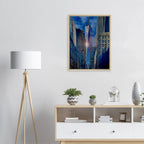 Framed canvas print of NYC's One World Trade with sunlight reflection, part of travel collection studio edition, 20x30 cm.
