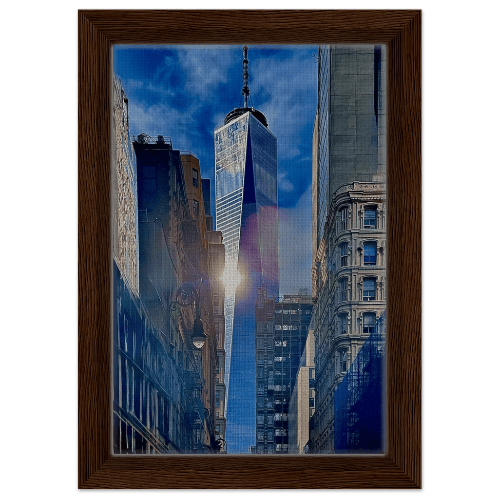 Framed canvas art of sunlight reflection at One World Trade NYC, part of the Travel Collection, studio edition print by My Store.