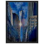 Framed canvas print of NYC One World Trade sunlight reflection from the Travel Collection, Studio Edition, 20x30 cm, wood frame.