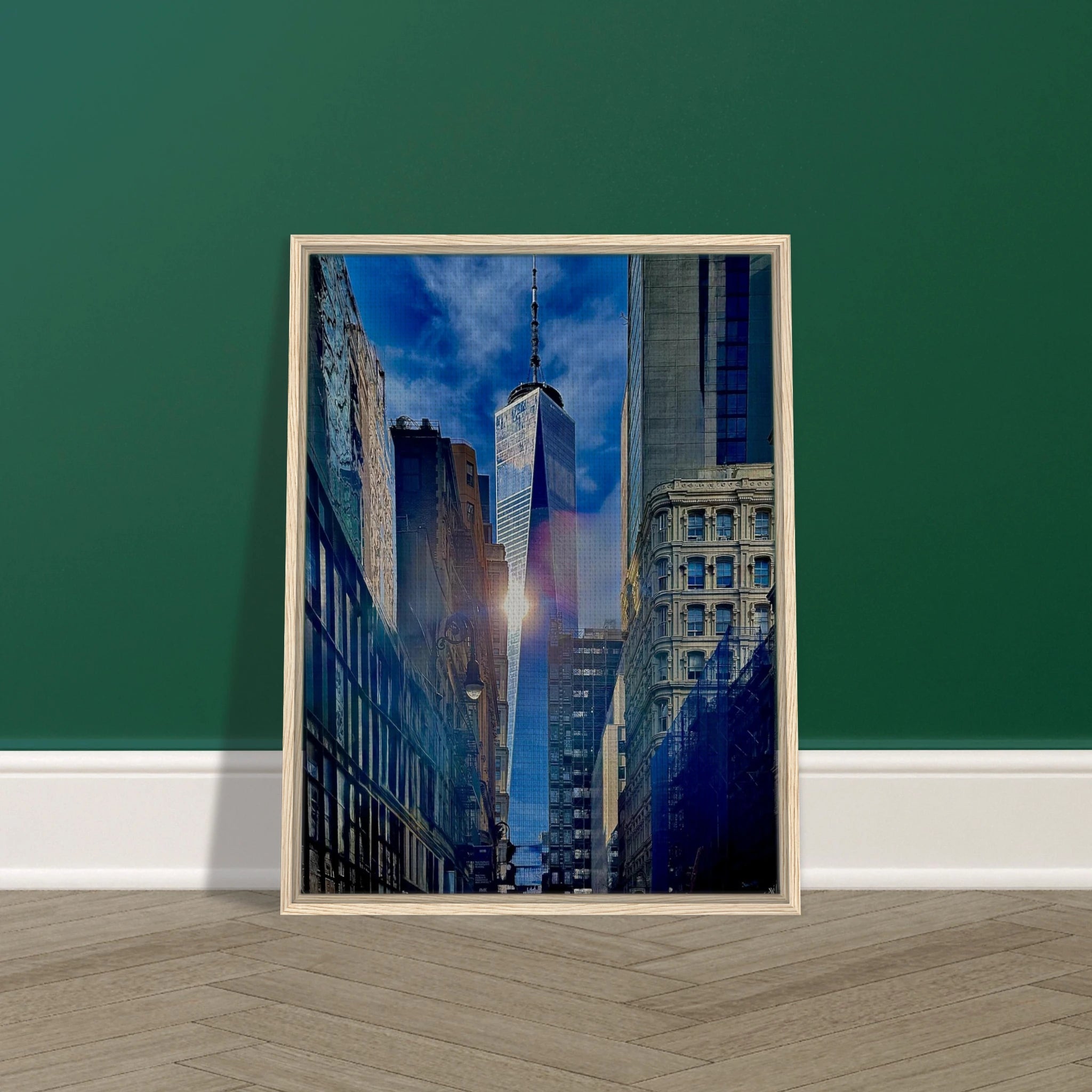 Framed canvas print of sunlight reflection at One World Trade NYC, part of the Travel Collection studio edition.