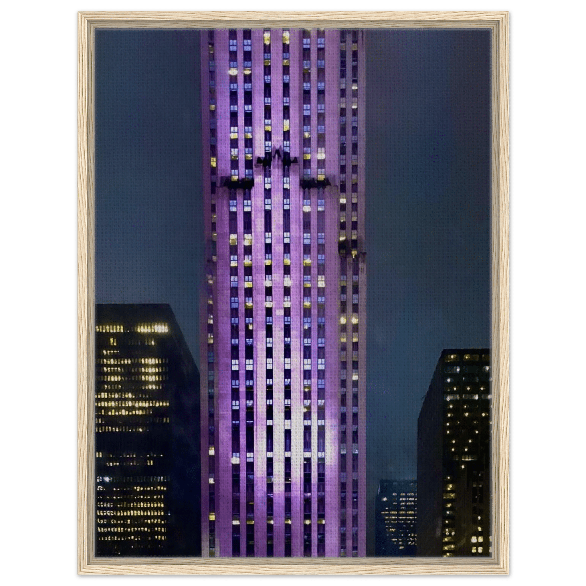 Framed canvas print of the NYC holiday skyline in purple hues from the Travel Collection studio edition, showcasing cityscape details.