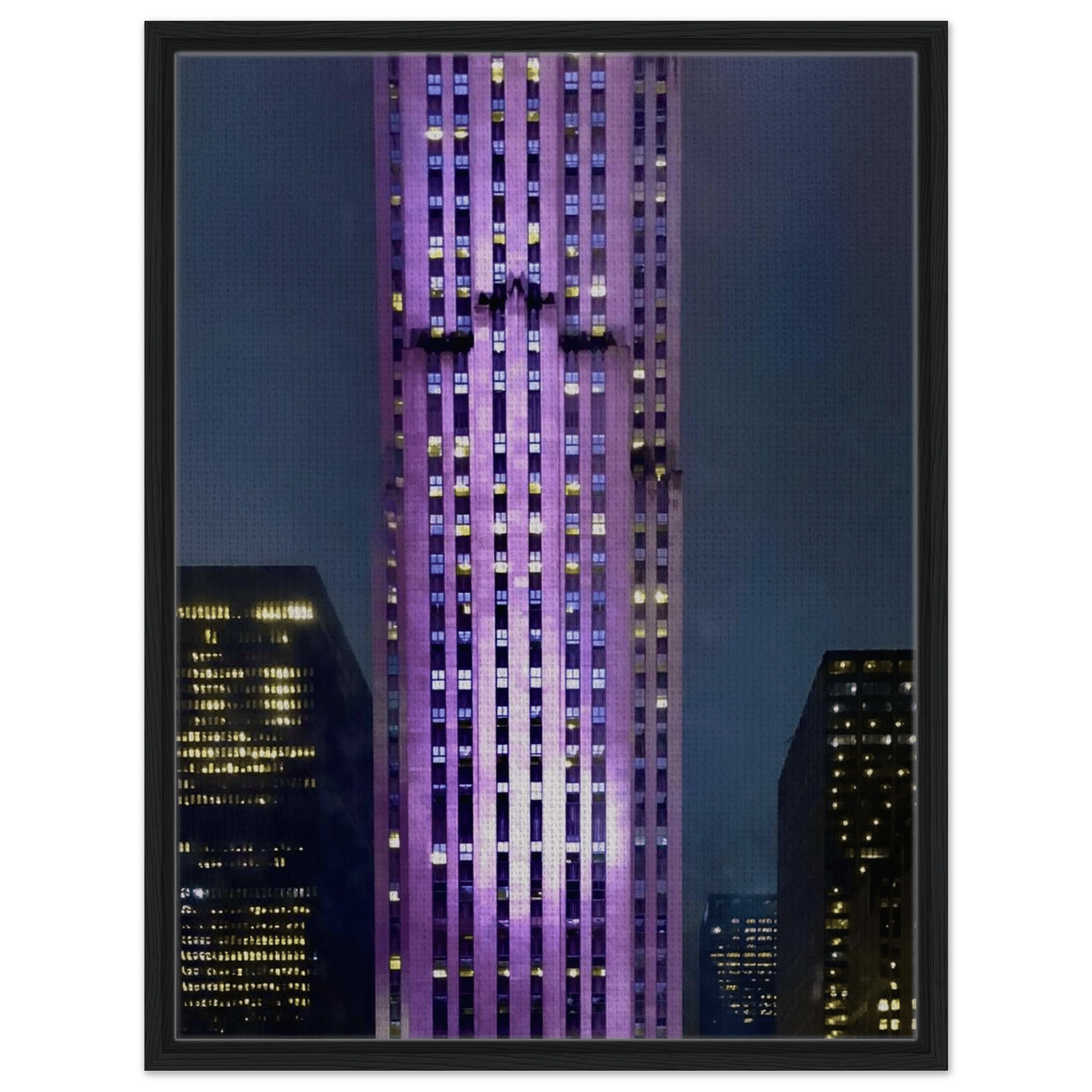 Framed canvas print of the NYC holiday skyline in purple hues from the Travel Collection, Studio Edition, showcasing cityscape art.