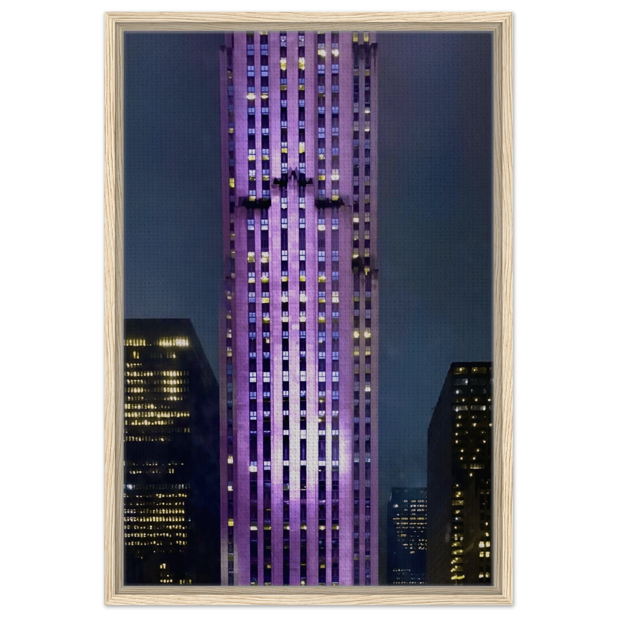Framed canvas print of NYC holiday skyline in purple tones from the Travel Collection, Studio Edition, showcasing cityscape at dusk.