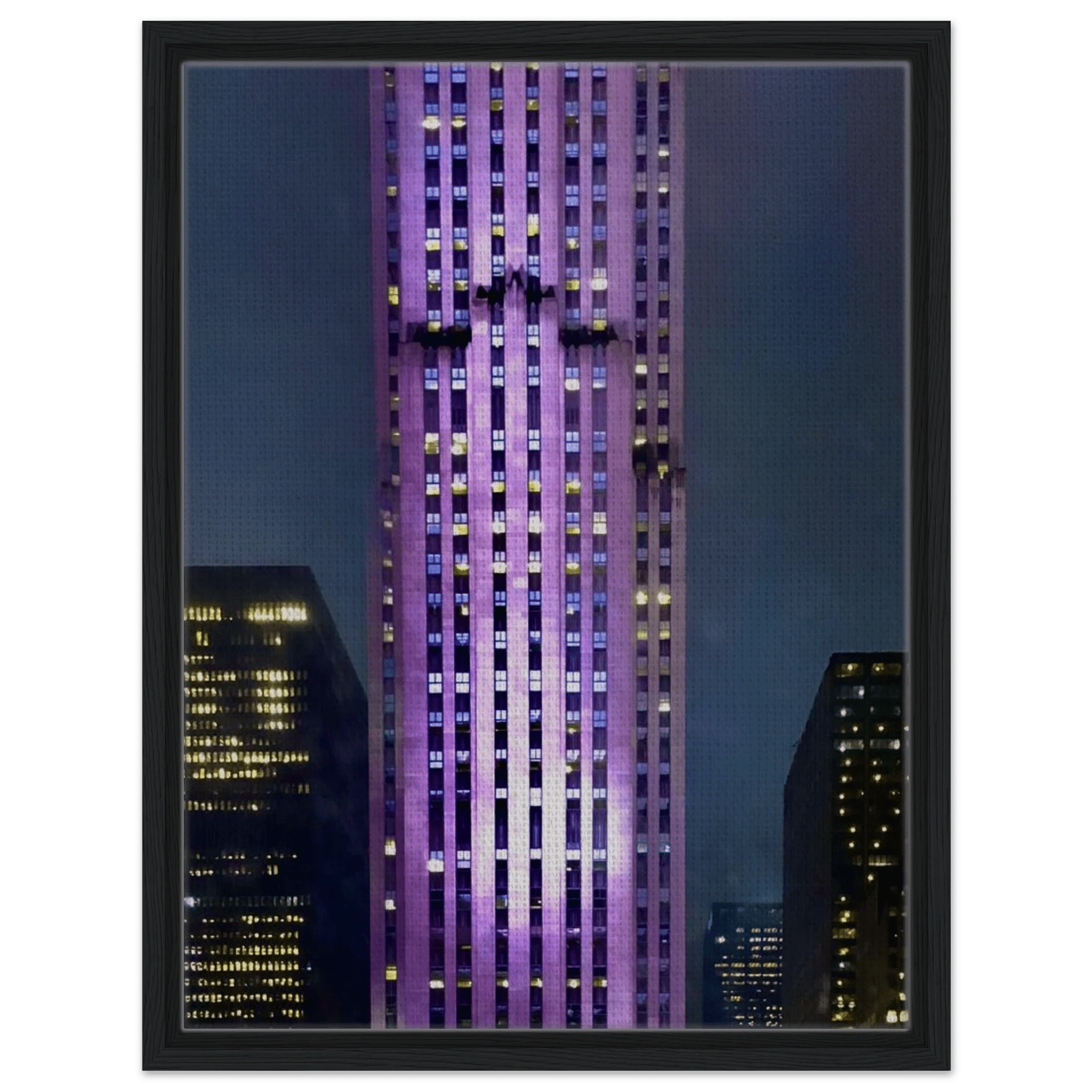 Framed canvas print of NYC holiday skyline in purple tones from the Travel Collection, Studio Edition, showcasing vibrant cityscape details.