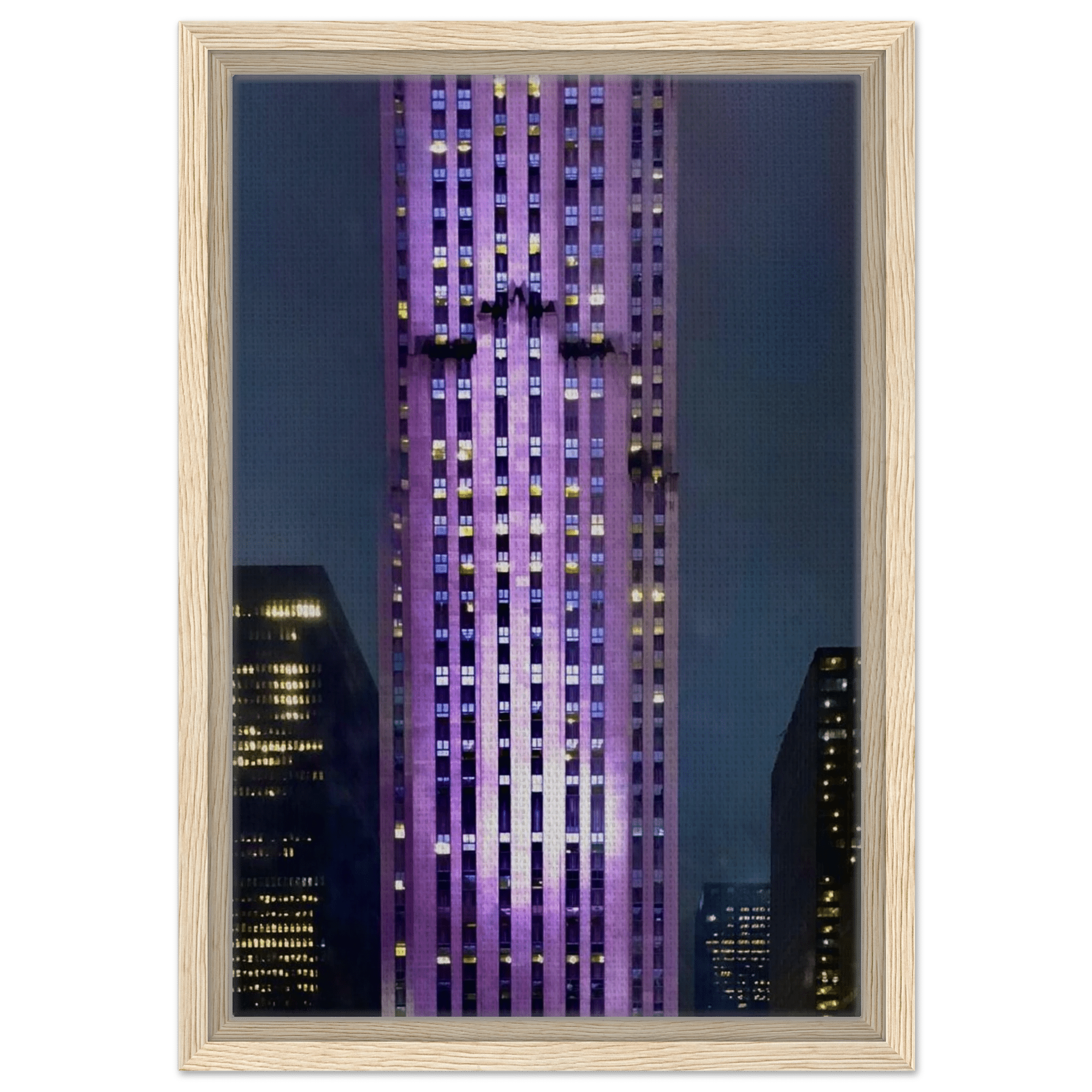 Framed canvas print of the NYC holiday skyline in purple hues from the Travel Collection, Studio Edition, showcasing vibrant cityscape details.