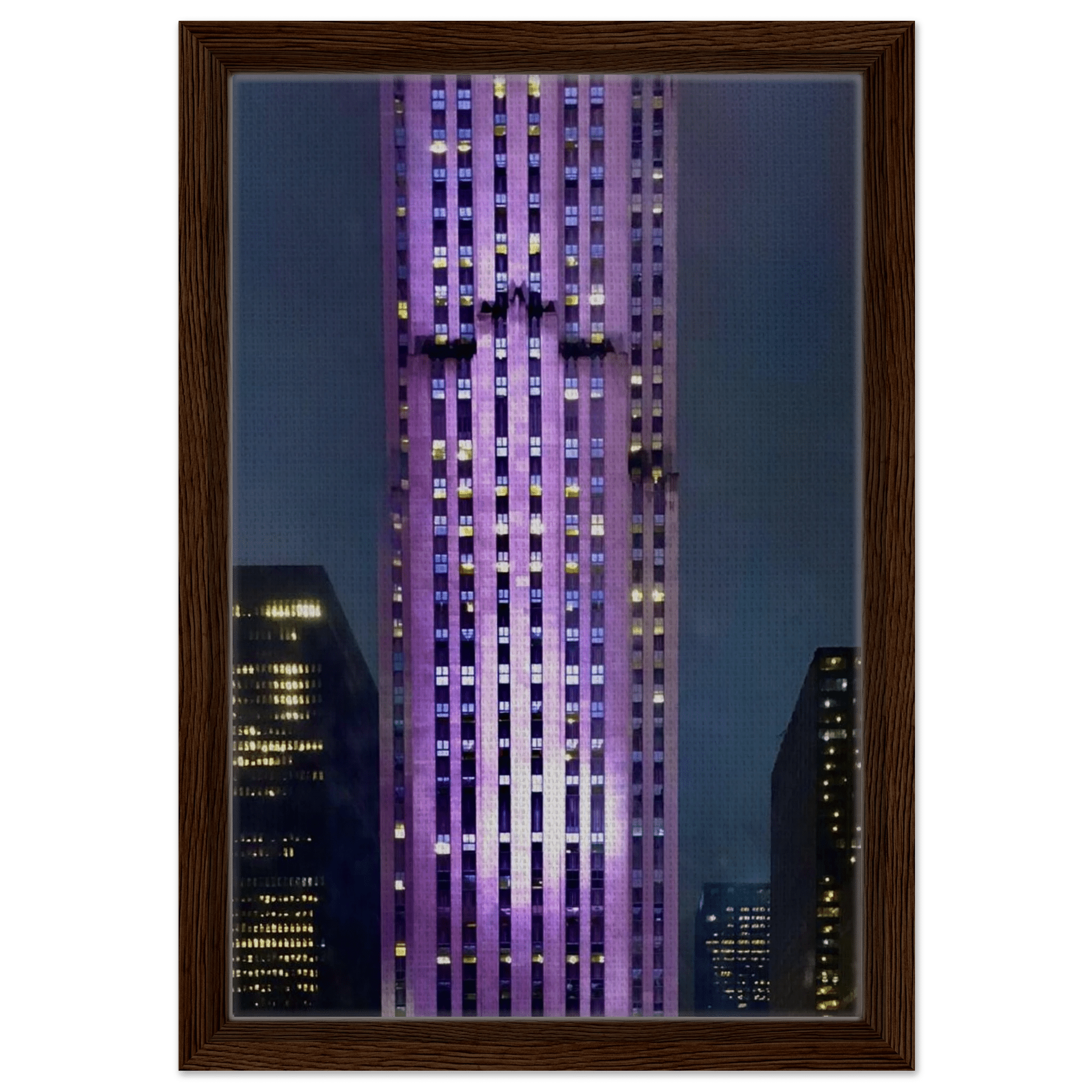 Framed canvas print of NYC holiday skyline in purple tones, part of the Travel Collection Studio Edition, showcasing iconic cityscape.