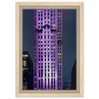 Framed canvas print of NYC holiday skyline in purple elegance, 20x30 cm studio edition travel collection artwork.