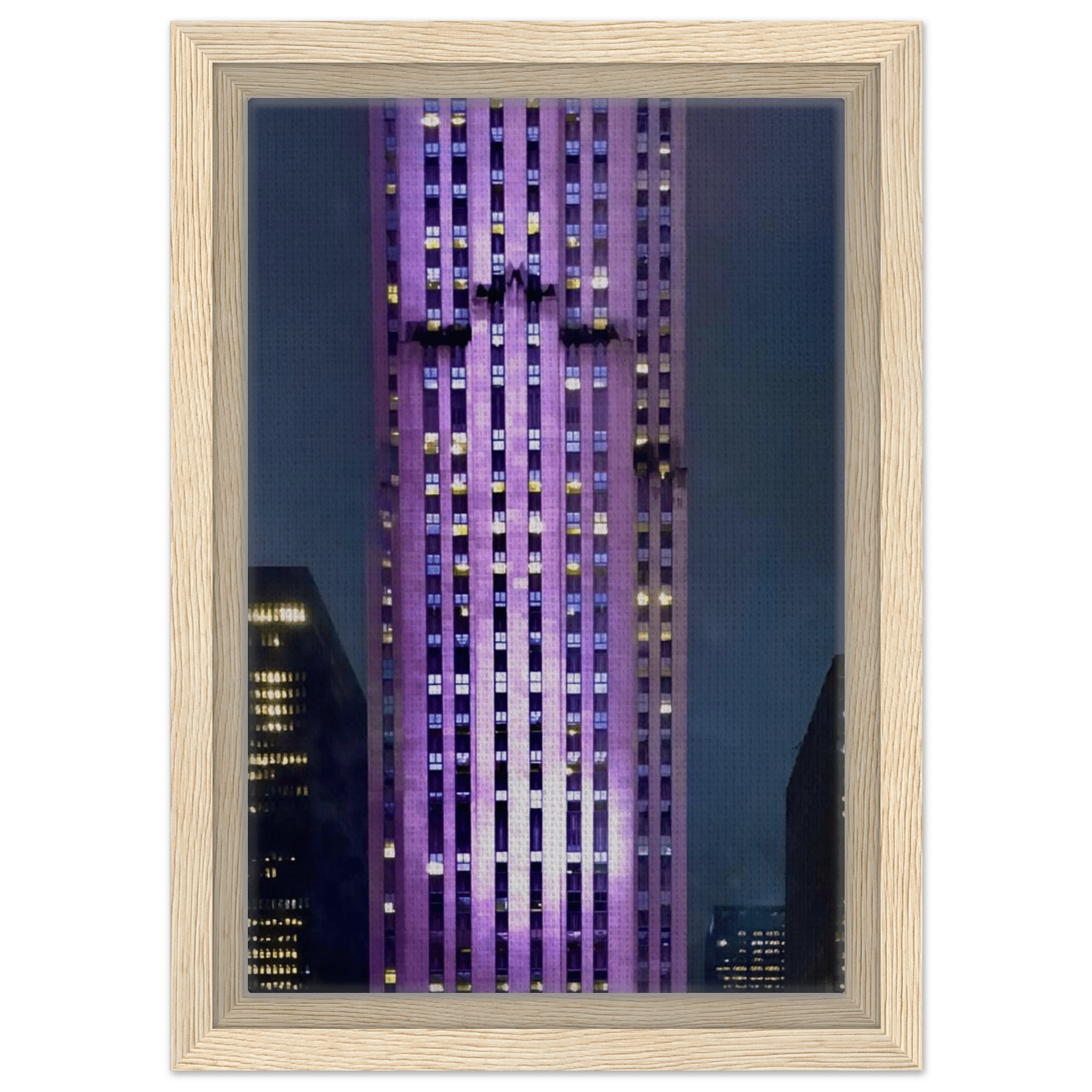 Framed canvas print of NYC holiday skyline in purple tones from the Travel Collection, Studio Edition, showcasing iconic cityscape.