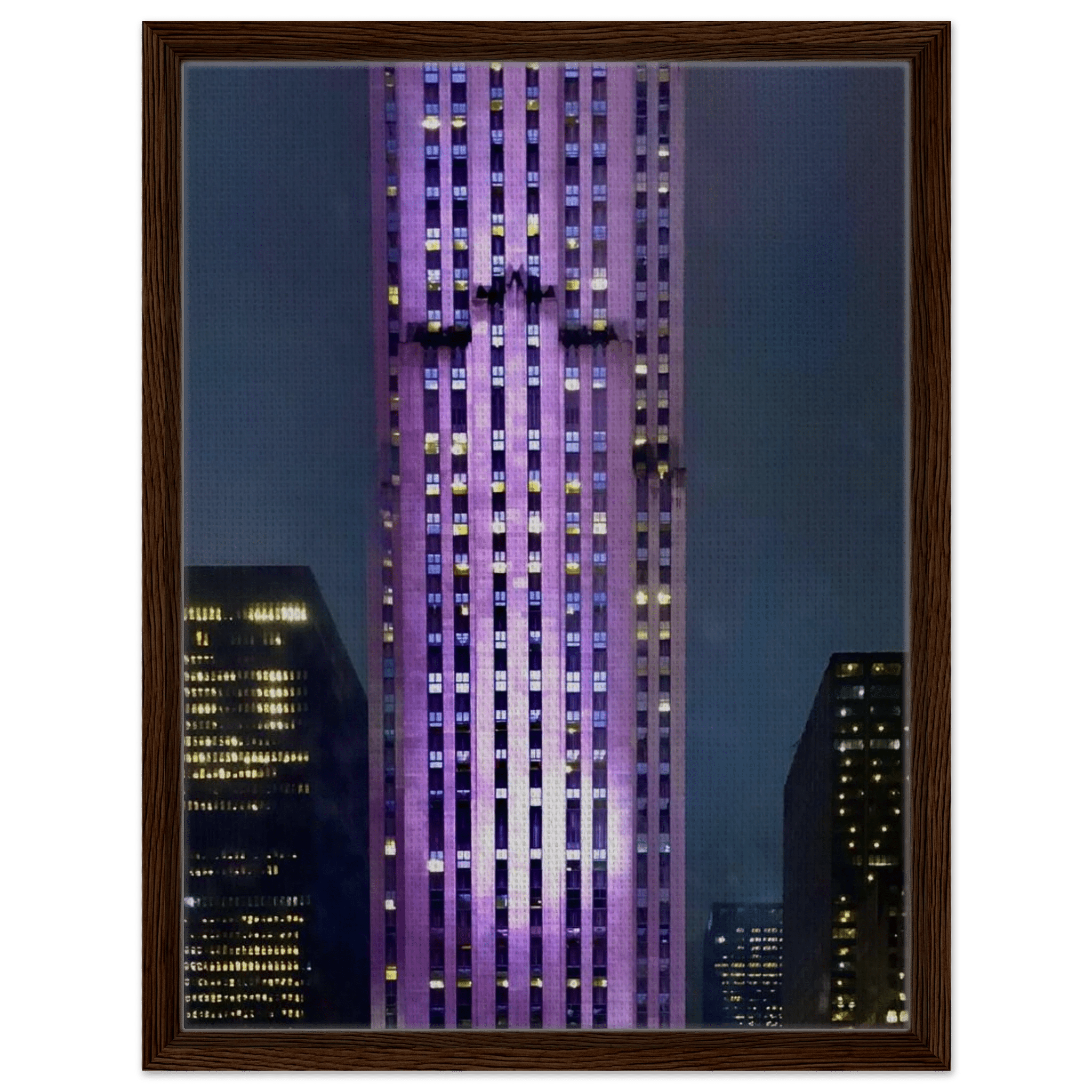 Framed canvas print of NYC holiday skyline in purple hues from the Travel Collection, Studio Edition, showcasing iconic cityscape details.