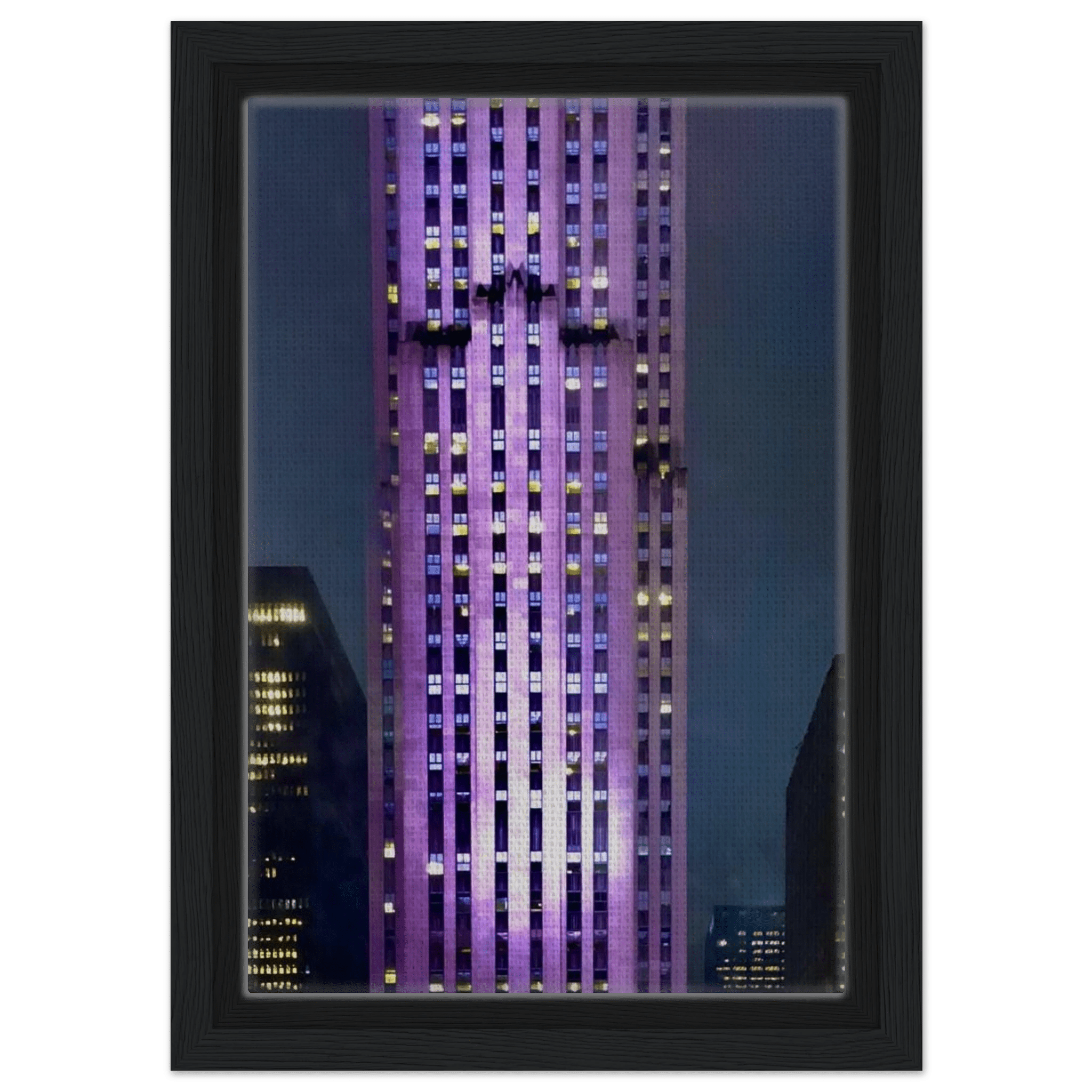 Framed canvas print of NYC holiday skyline in purple hues from the Travel Collection Studio Edition, showcasing iconic city landmarks.
