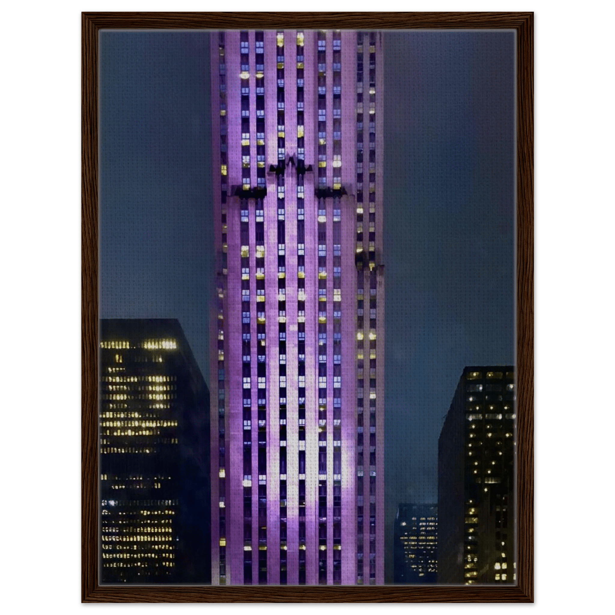 Framed canvas art of NYC holiday skyline in purple hues from the Travel Collection, Studio Edition, featuring iconic cityscape details.