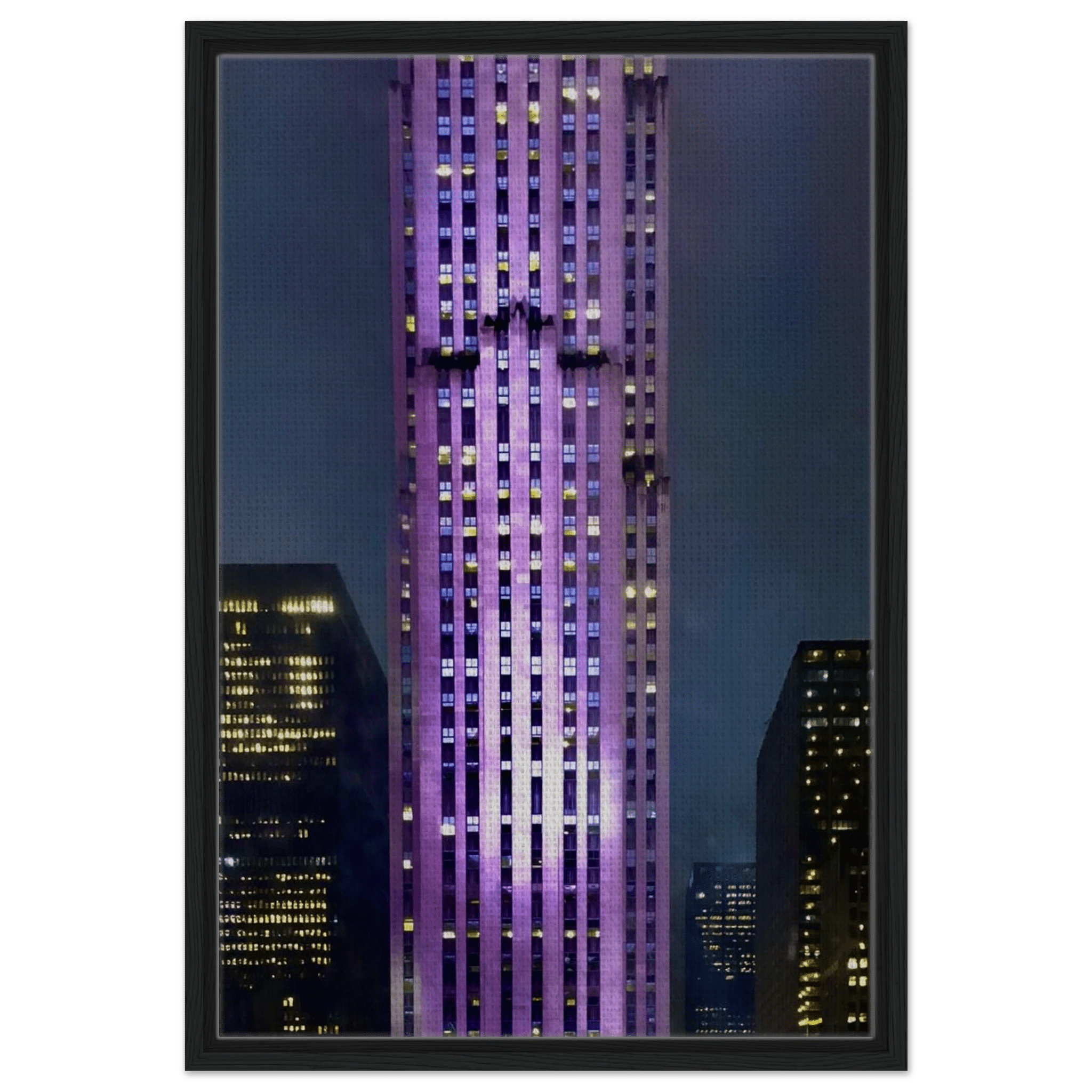 Framed canvas art of NYC holiday skyline in purple, part of the Travel Collection Studio Edition, showcasing vibrant cityscape details.