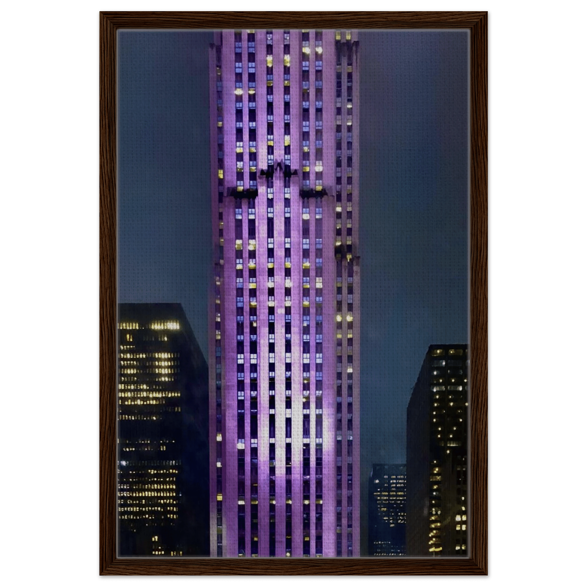 Framed canvas print of NYC holiday skyline in purple tones from the Travel Collection, Studio Edition, showcasing cityscape art.