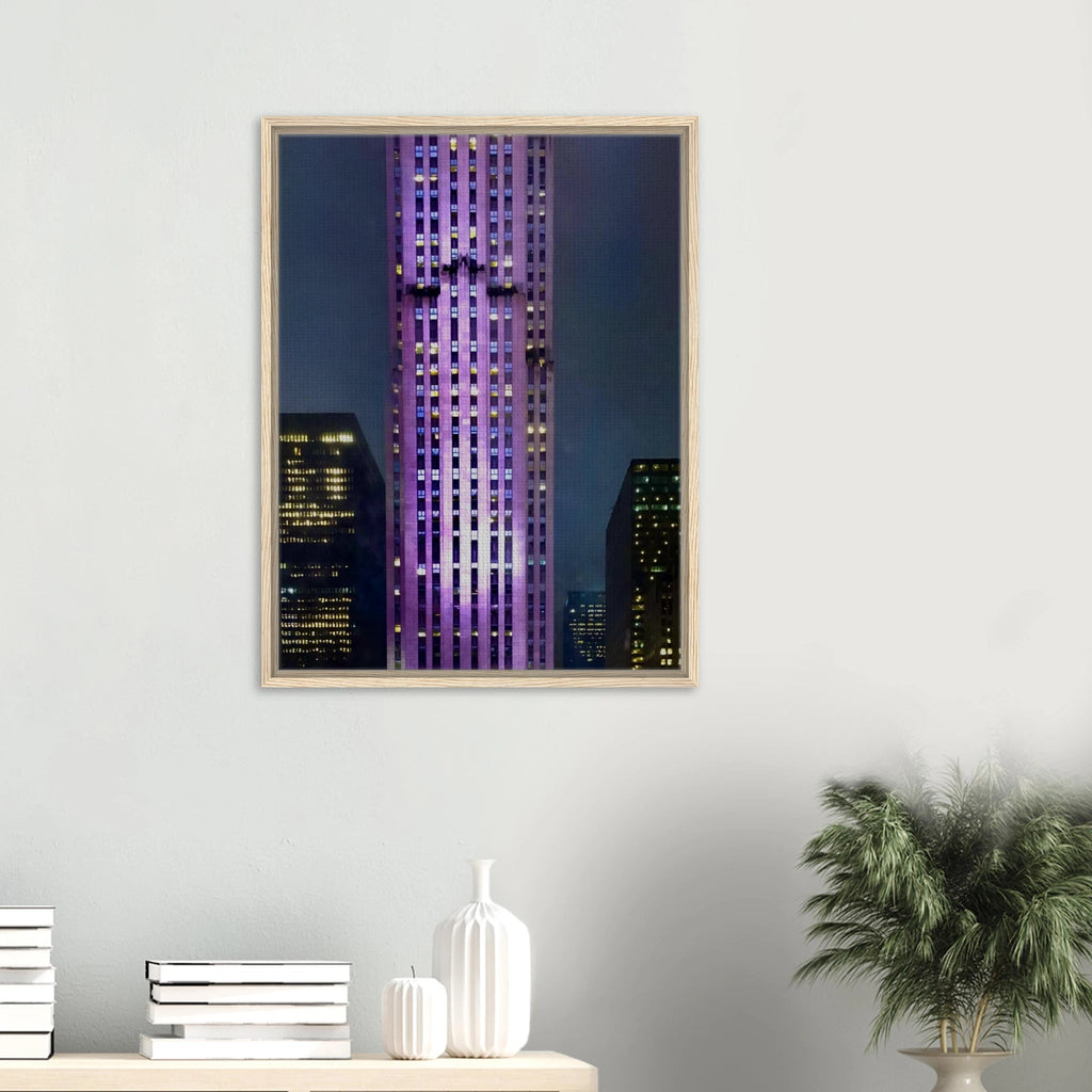 Framed canvas art of NYC holiday skyline in purple elegance, 20x30 cm print with wood frame, part of travel collection.