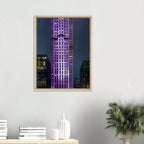 Framed canvas art of NYC holiday skyline in purple elegance, 20x30 cm print with wood frame, part of travel collection.