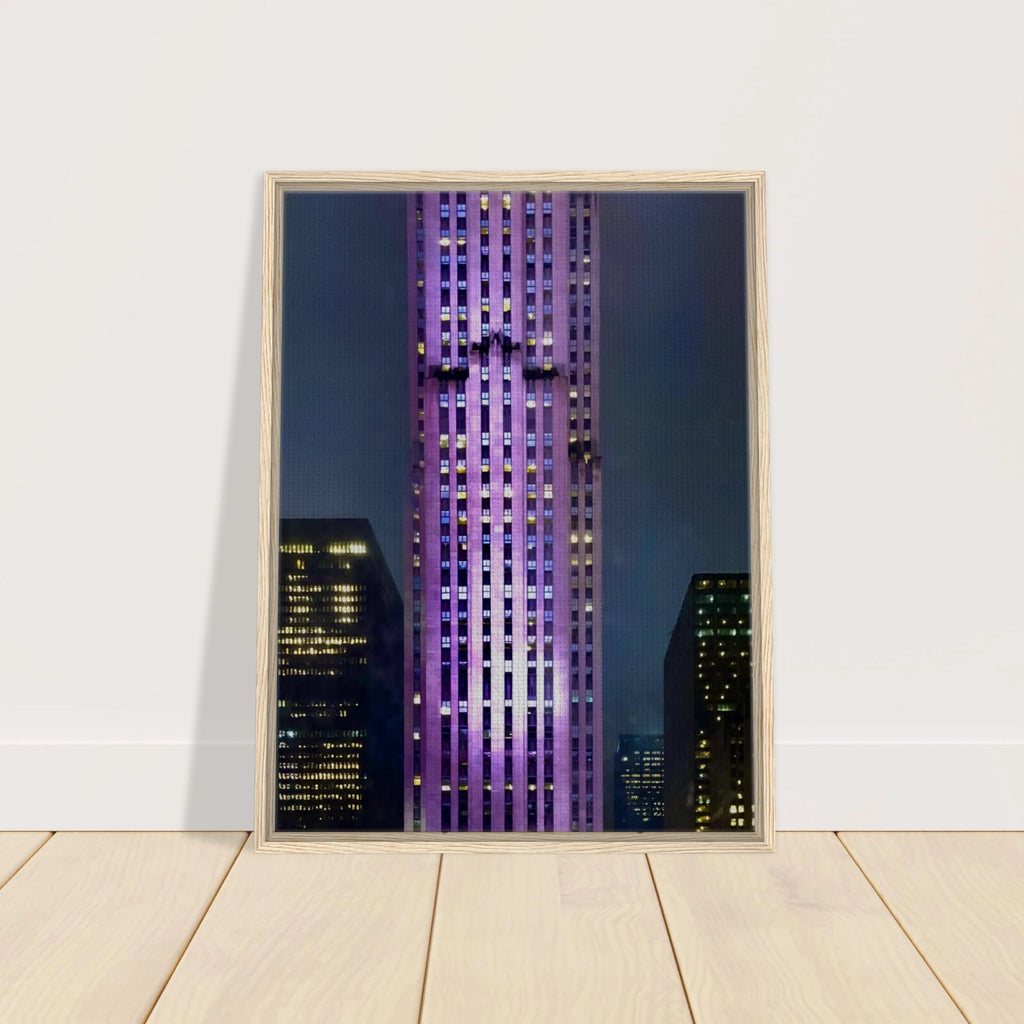 Framed canvas print of NYC holiday skyline in purple elegance, part of Studio Edition Travel Collection, 20x30 cm wood frame.
