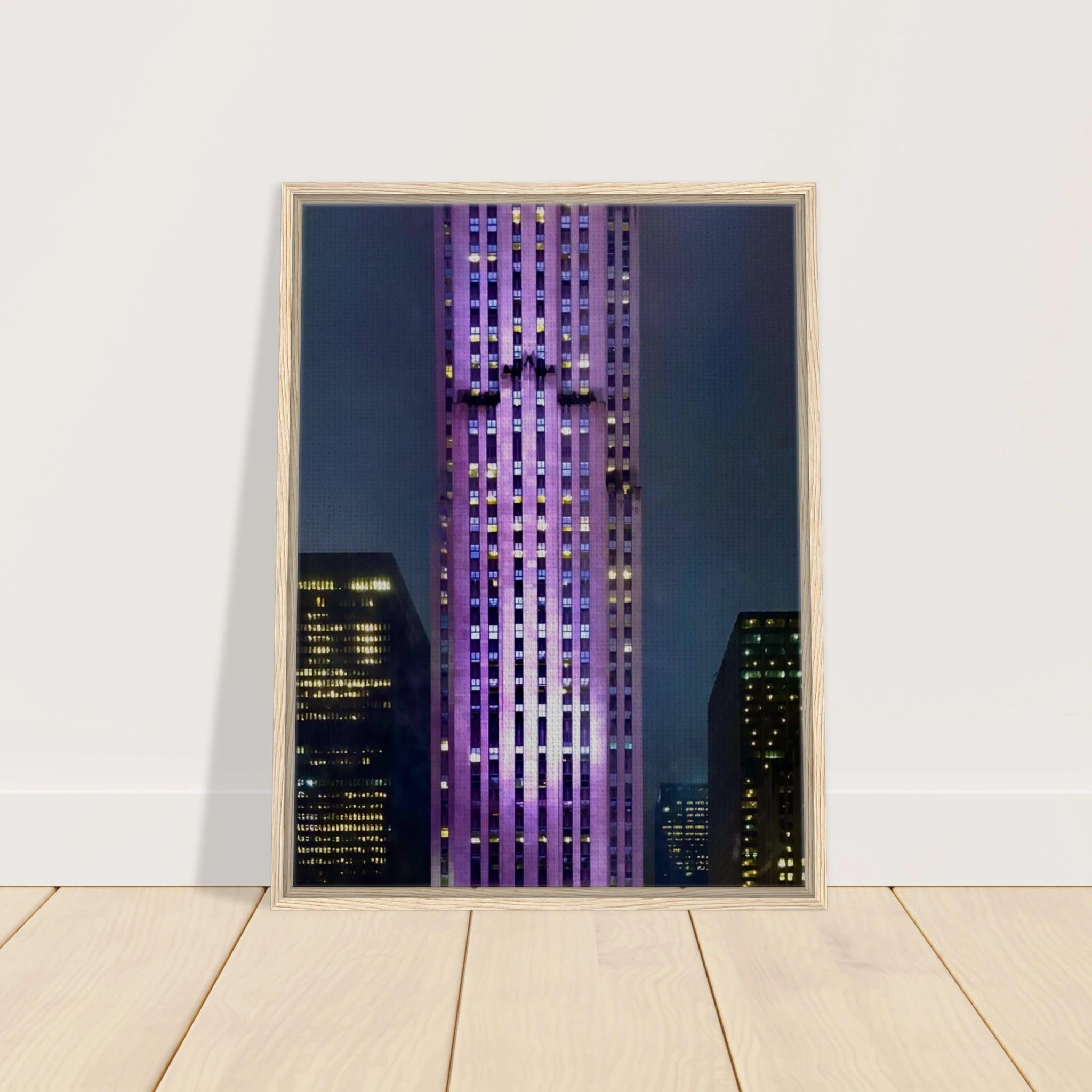 Framed canvas print of NYC holiday skyline in purple elegance, part of Studio Edition Travel Collection, 20x30 cm wood frame.