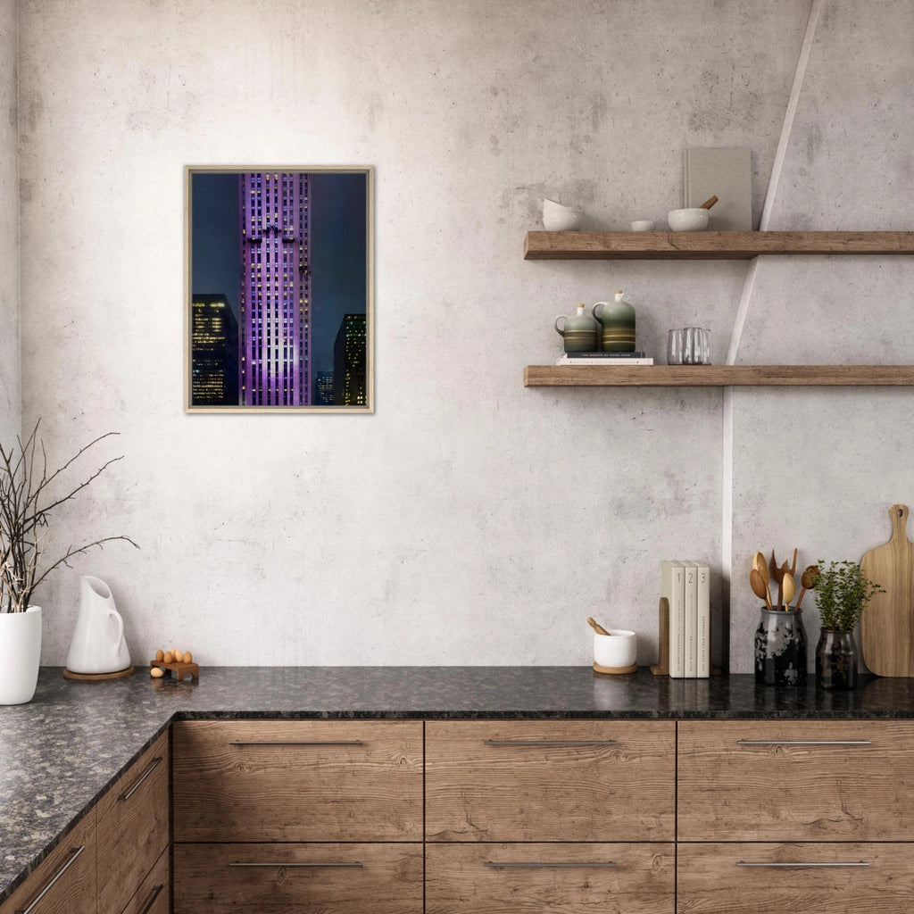 Framed canvas print of NYC holiday skyline in purple elegance from the Travel Collection, Studio Edition, 20x30 cm.