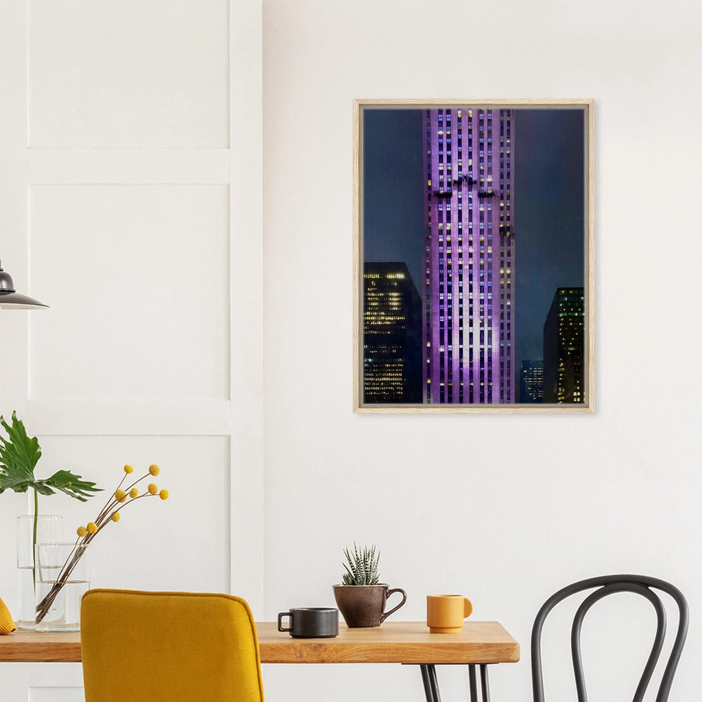 Framed canvas art of NYC holiday skyline in purple elegance, 20x30 cm print on wood frame from My Store's Travel Collection.
