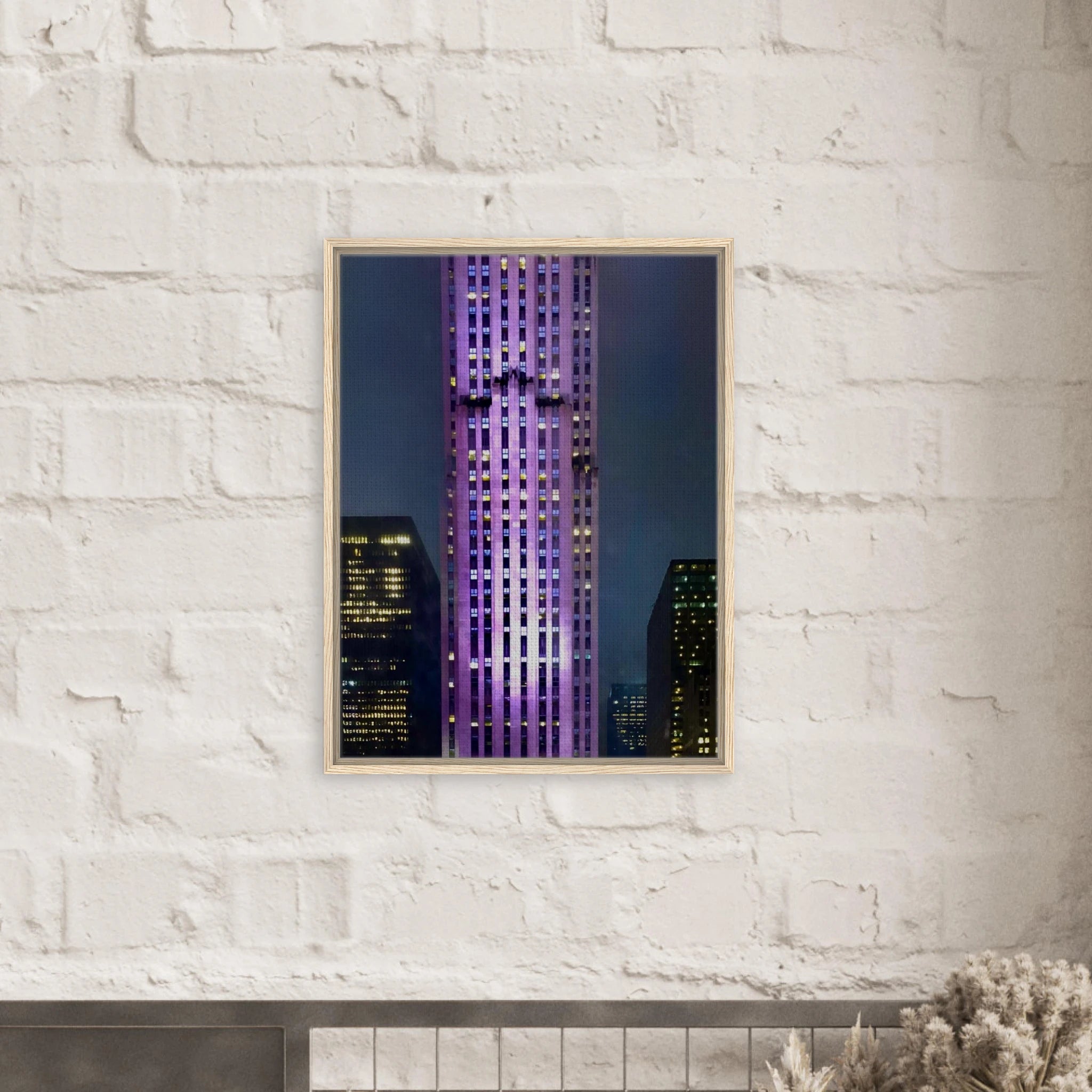 Framed canvas print of NYC holiday skyline in purple elegance, 20x30 cm, featuring a vibrant cityscape in the Travel Collection.