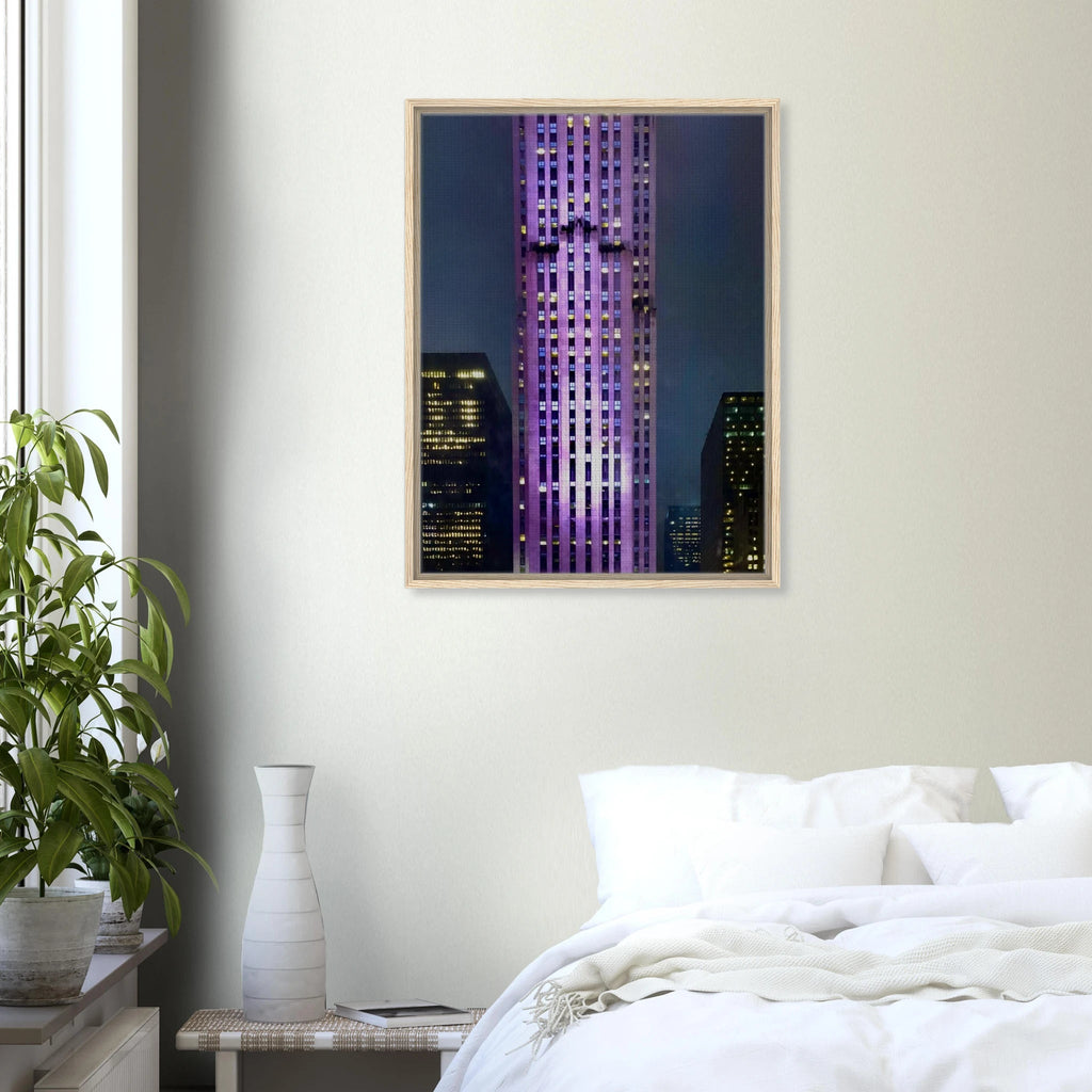Framed canvas print of NYC holiday skyline in purple hues, part of the Travel Collection studio edition, 20x30 cm.
