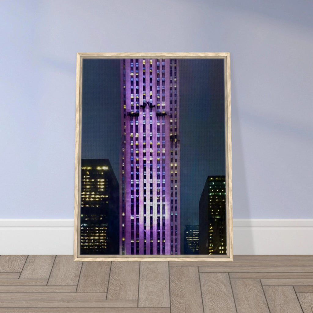 Framed canvas print of NYC holiday skyline in purple elegance, part of the Travel Collection Studio Edition, 20x30 cm.