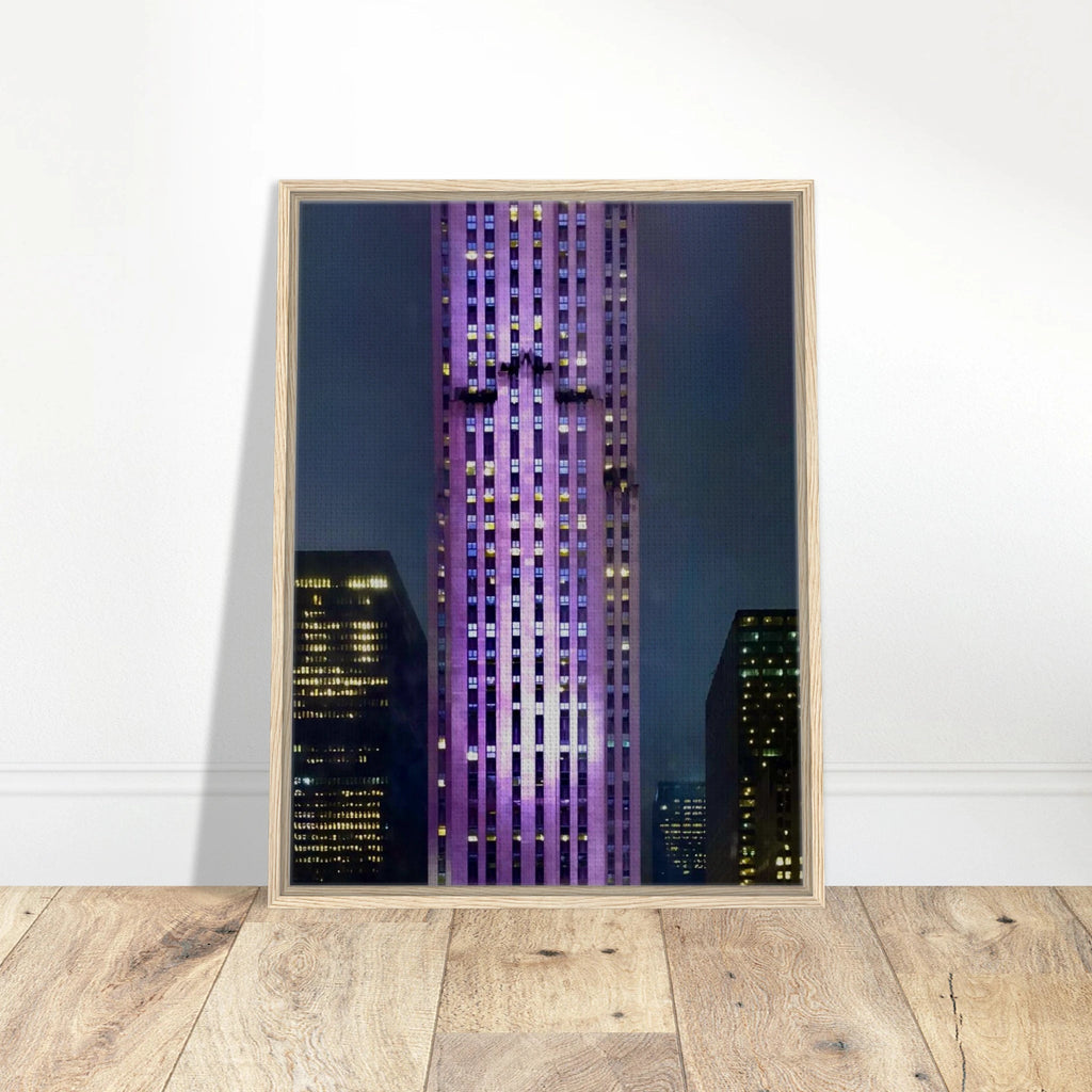 Framed canvas print of NYC holiday skyline in purple elegance, part of the Travel Collection Studio Edition, 20x30 cm.