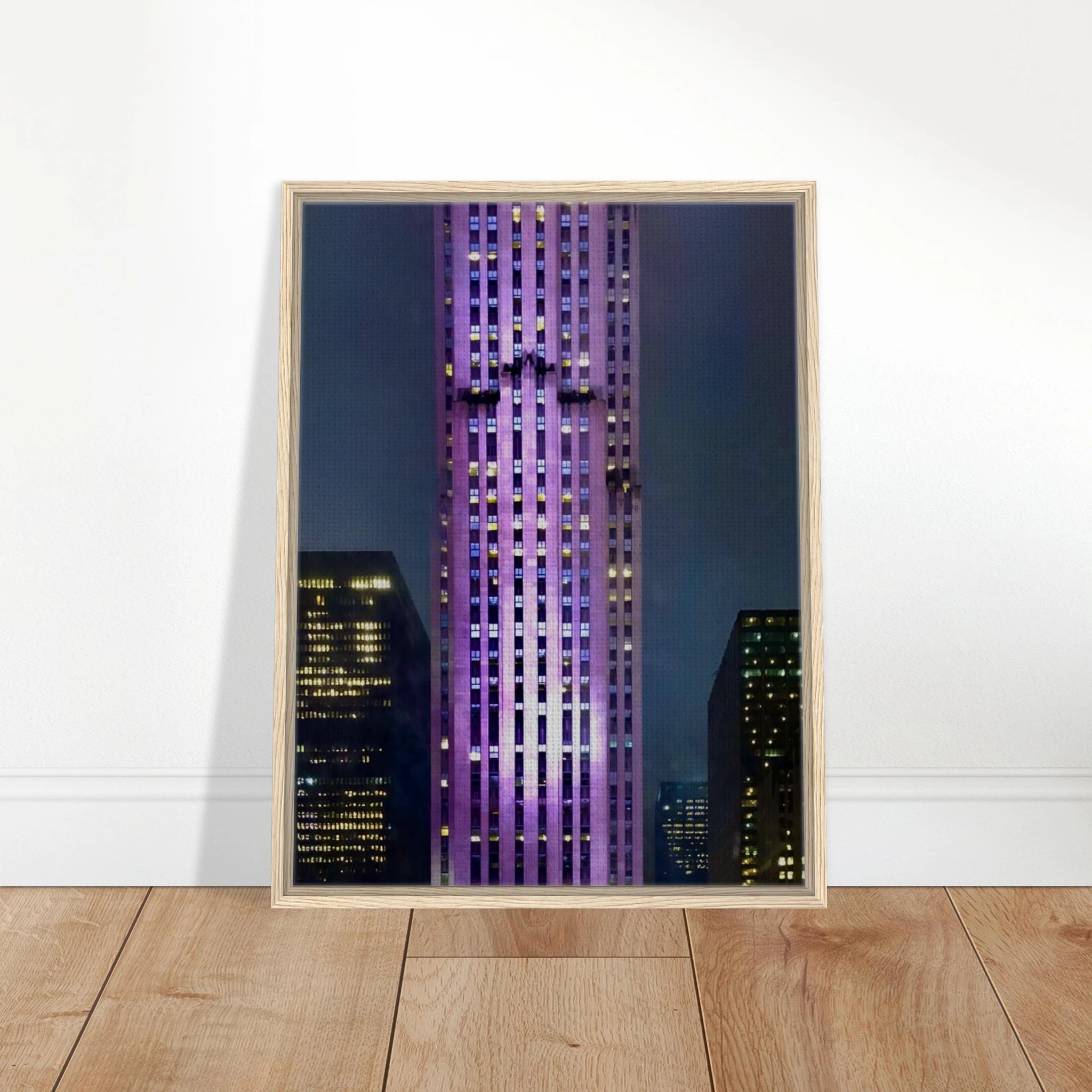 Framed canvas print of NYC holiday skyline in purple elegance, 20x30 cm, featuring vibrant cityscape in a stylish wood frame.