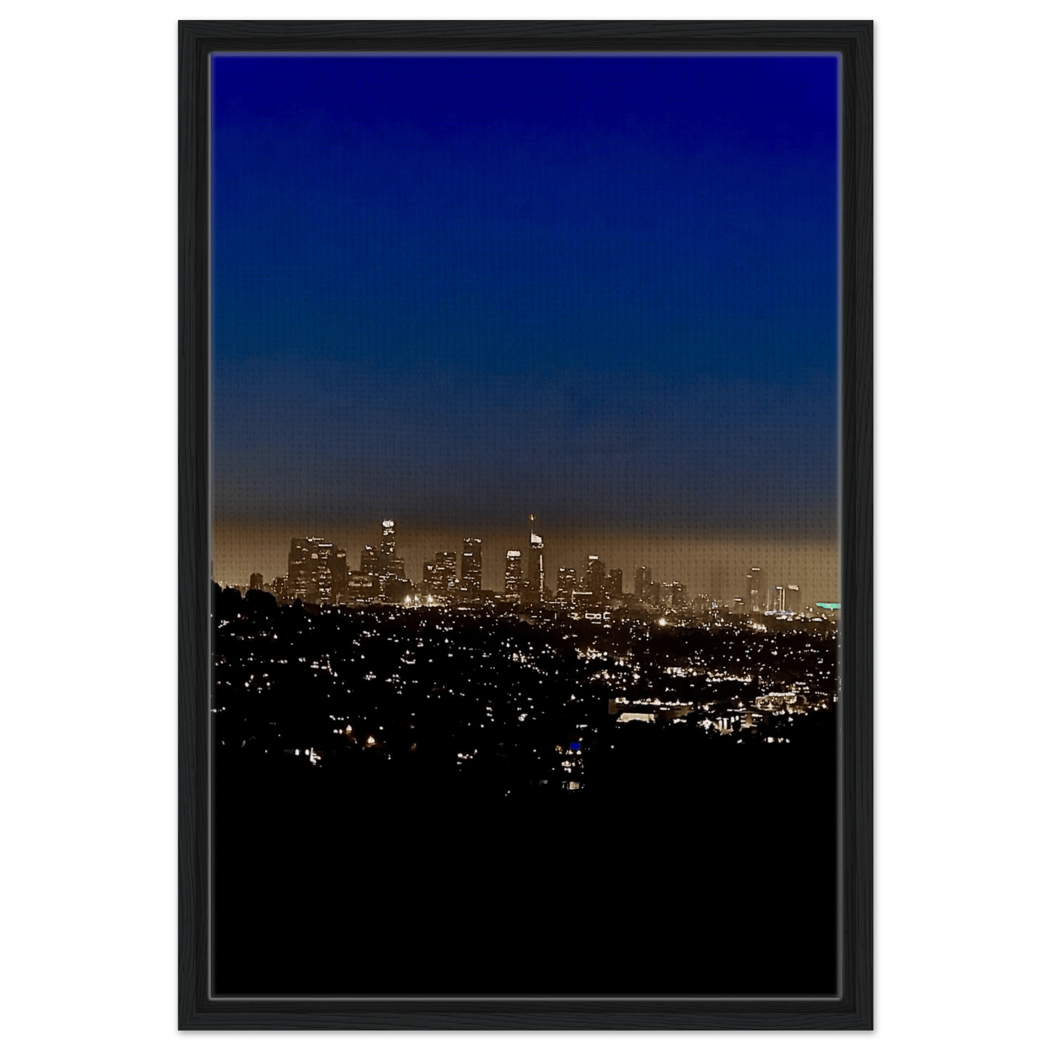 Premium wooden framed canvas print of Los Angeles Downtown Nightglow wall art, showcasing vibrant city lights in a stylish home decor piece.